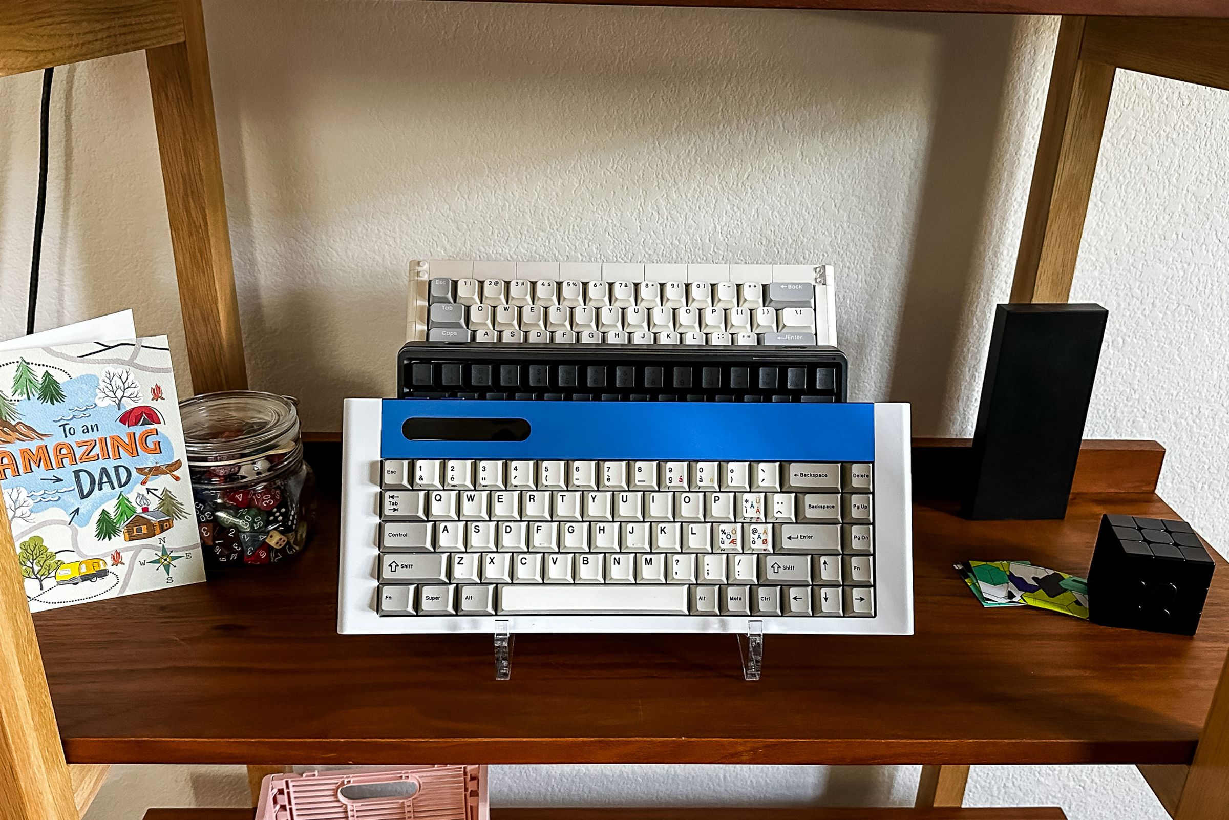 Blue, white and gray keyboard.