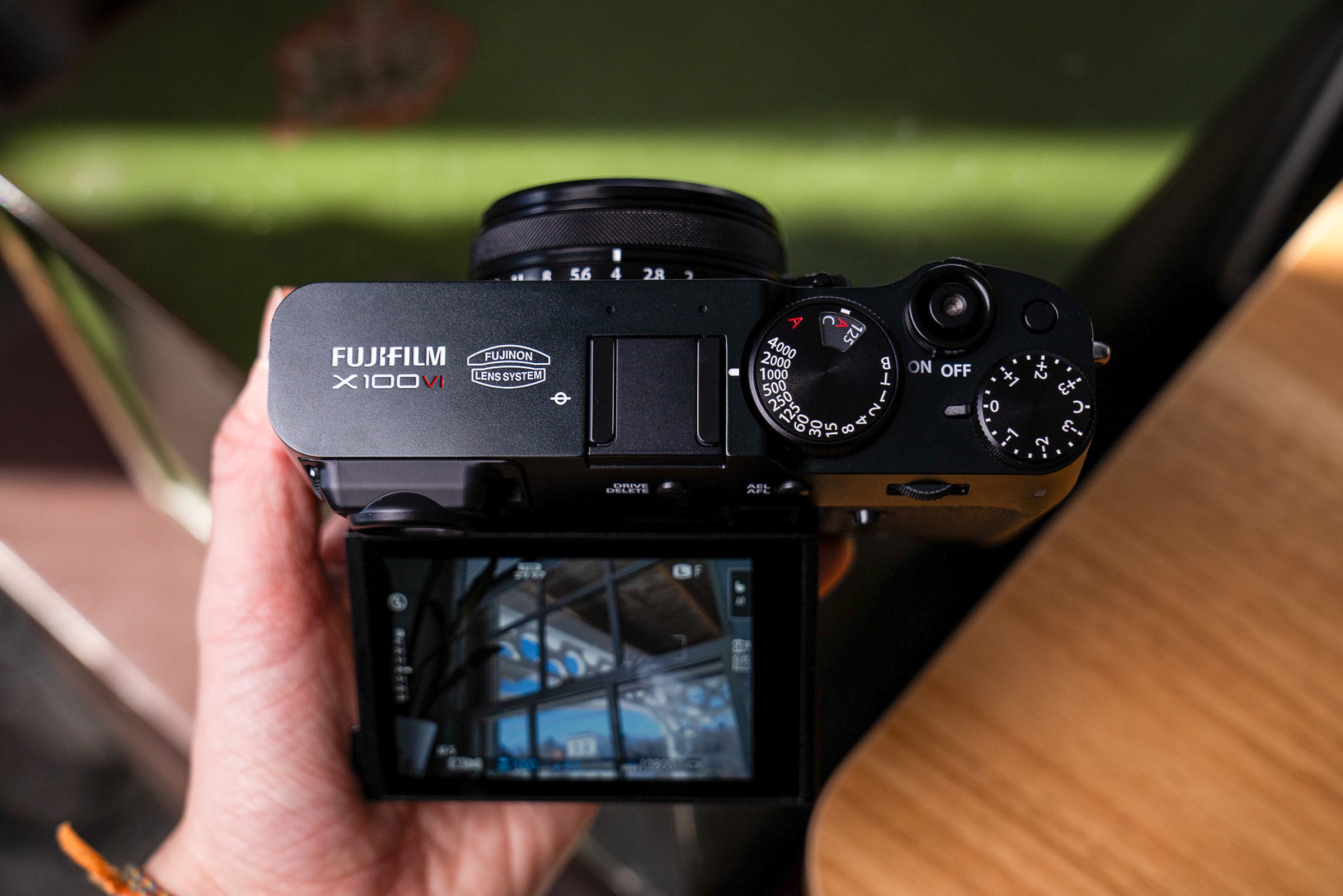 A top-down perspective of Fujifilm’s X100VI camera.