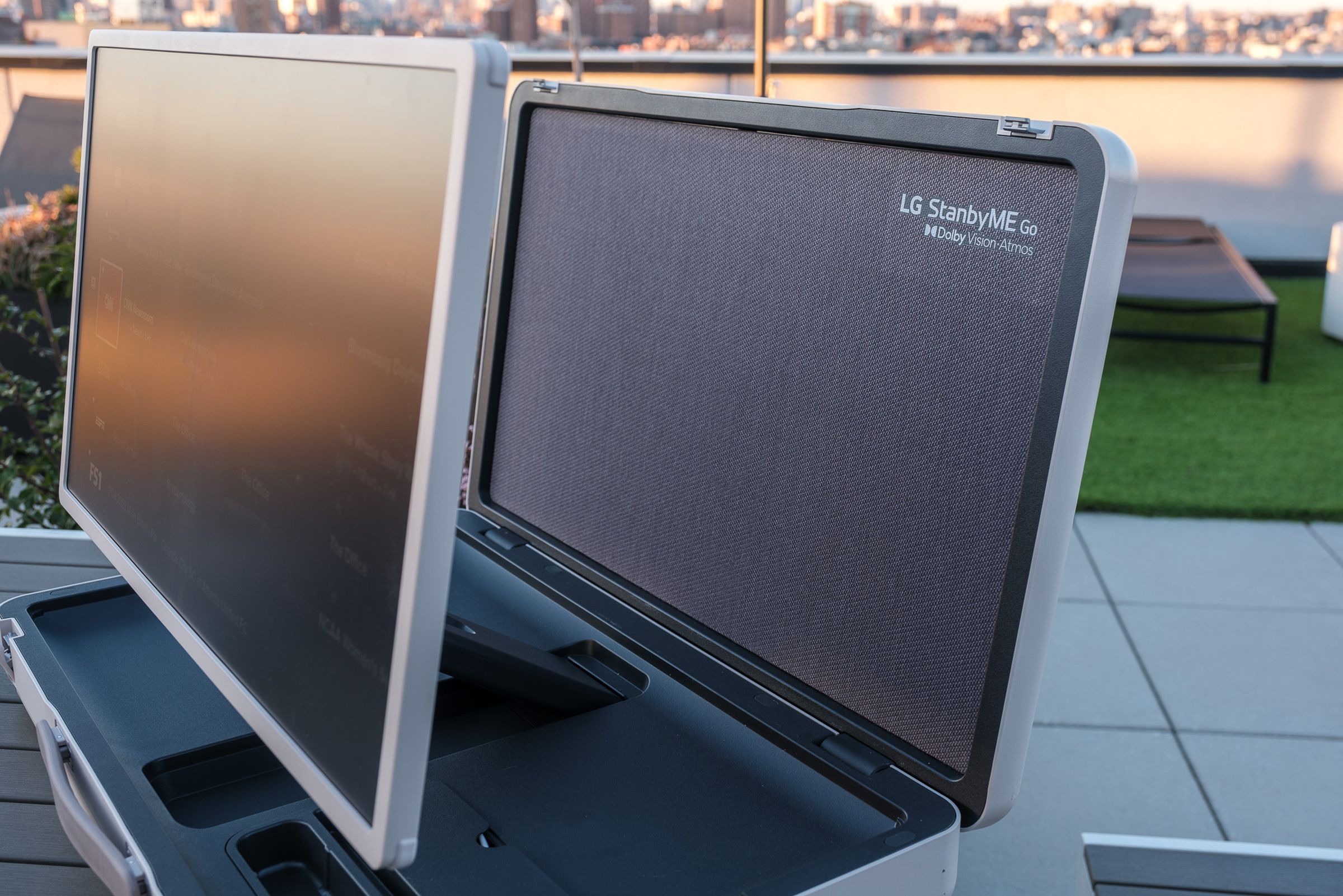 A photo showing the anti-glare screen and integrated speaker system on LG’s StanbyME Go briefcase TV.