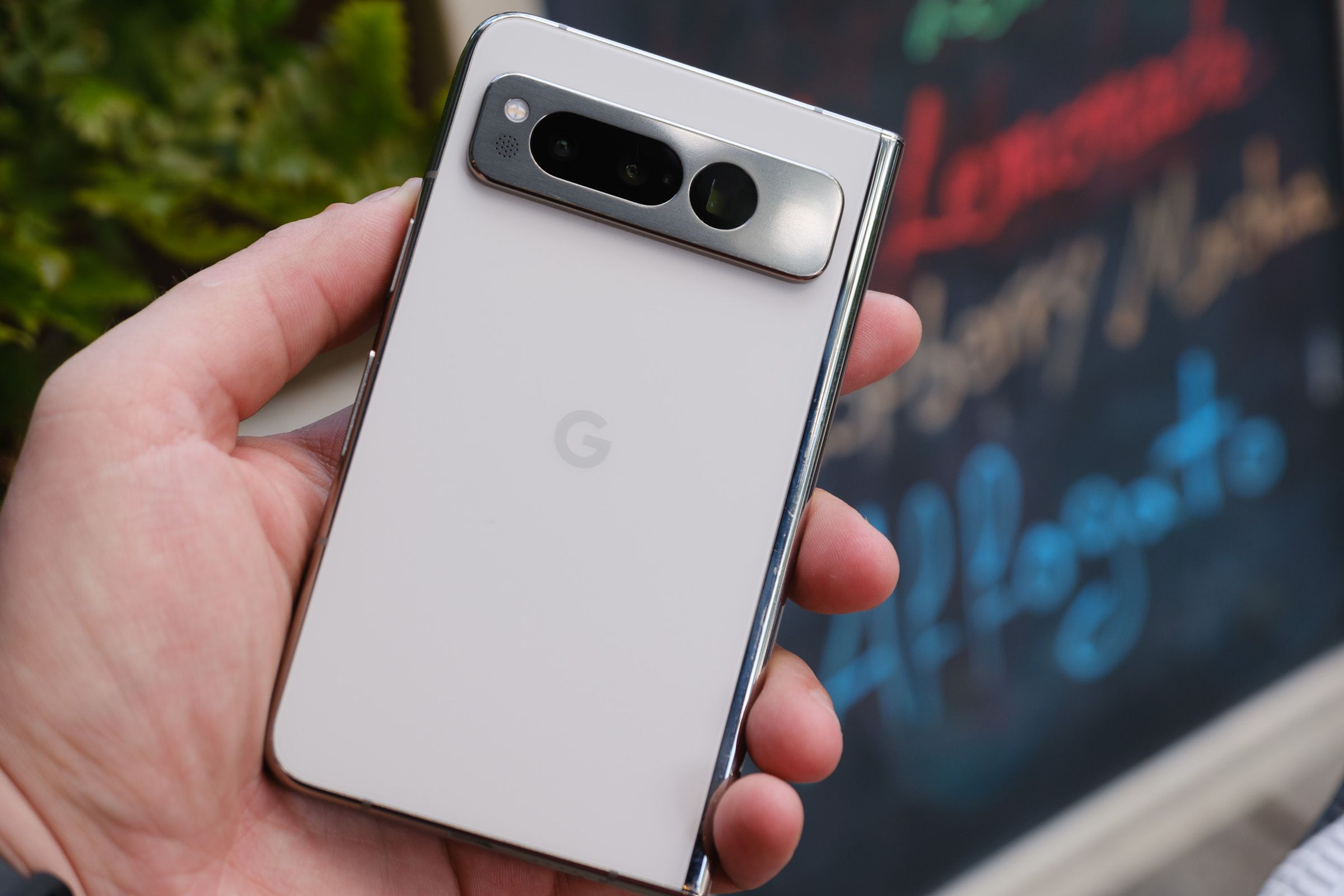 A hands-on photo of Google’s Pixel Fold smartphone.