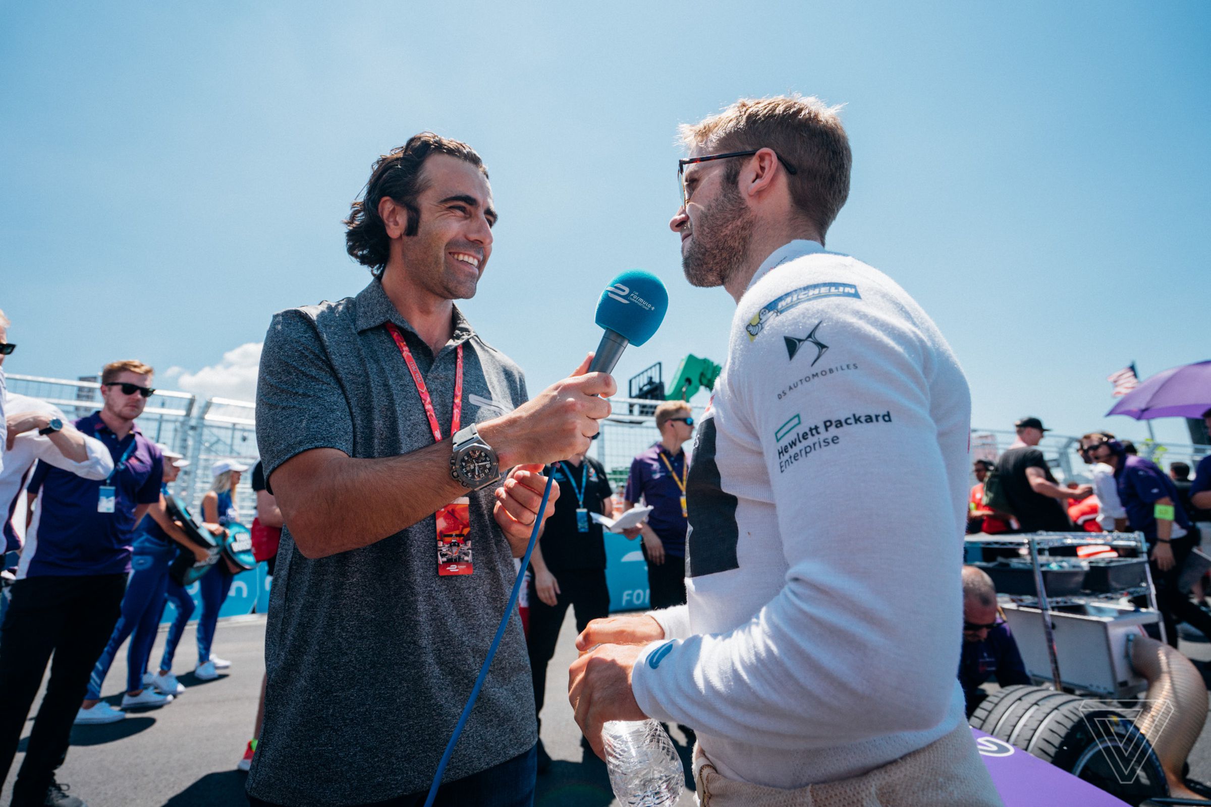 Four-time IndyCar champion and three-time Indy 500 winner Dario Franchitti, who is one of the main broadcasters for Formula E, interviews Sam Bird before the race.