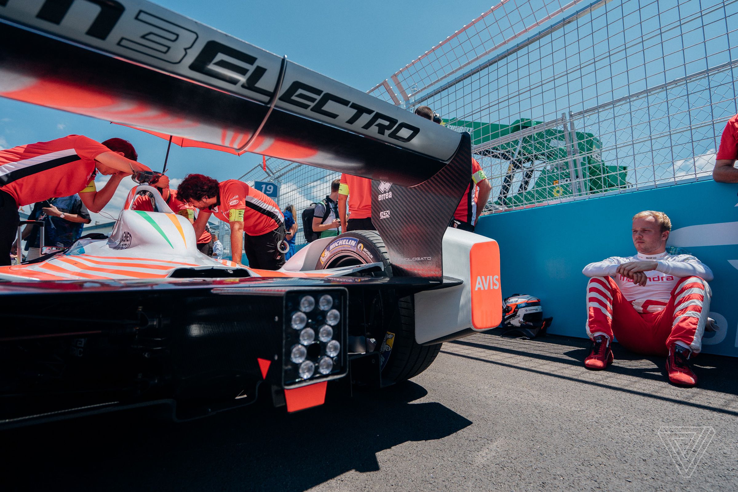 Mahindra driver Felix Rosenqvist rests while his team makes final preparations for the race. Rosenqvist and his teammate Nick Heidfeled finished second and third in Sunday’s race, respectively.