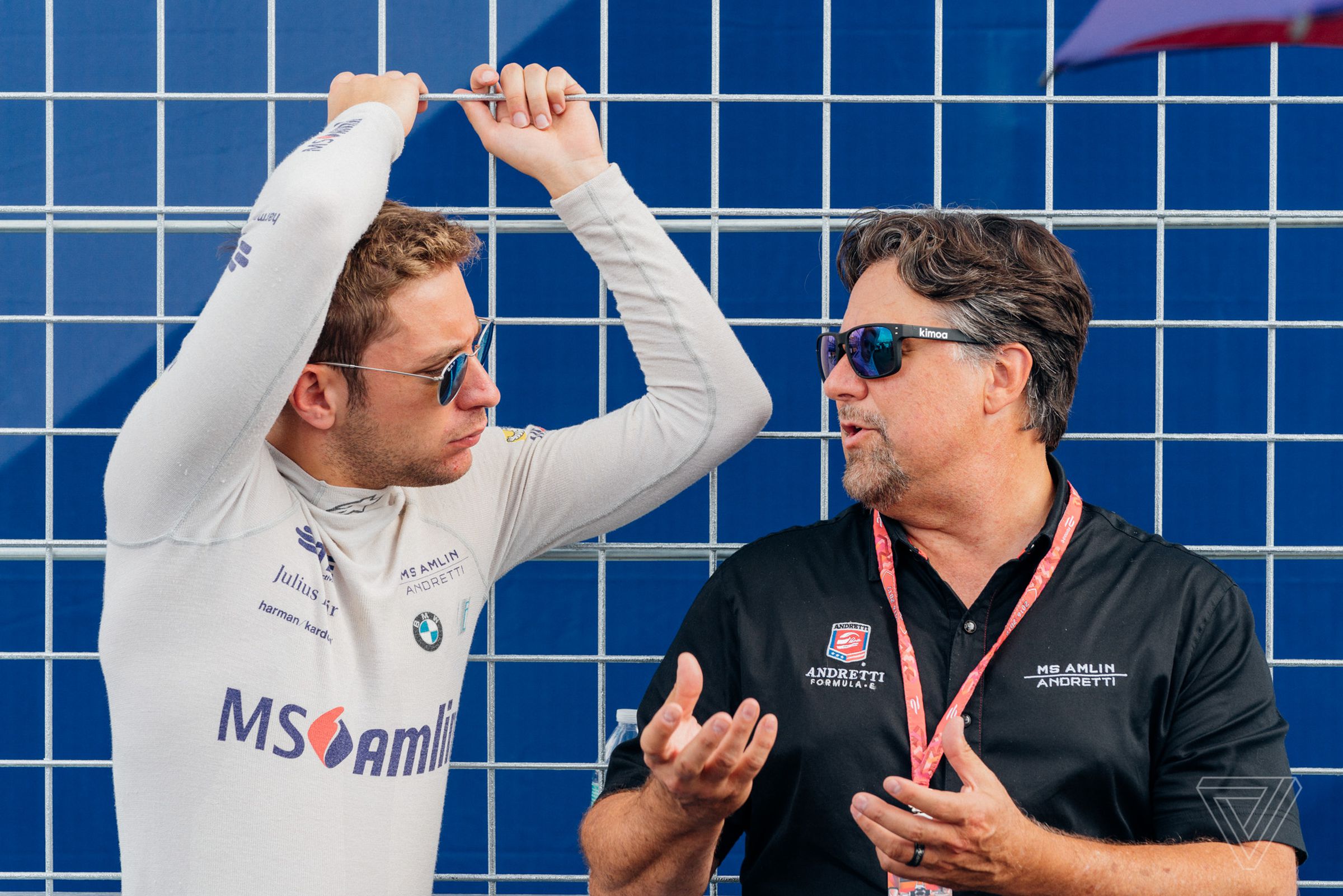 Driver Robin Frijns talks with his boss, Michael Andretti, before the race. Andretti has been involved with Formula E since the start, and both he and his father — Mario Andretti — raced in New Jersey with IndyCar. Still, he says it’s hard to believe Formula E landed a race in New York. “If you would’ve asked me [if this would happen], I dont’ know, seven years ago, I would have thought you were nuts.” 