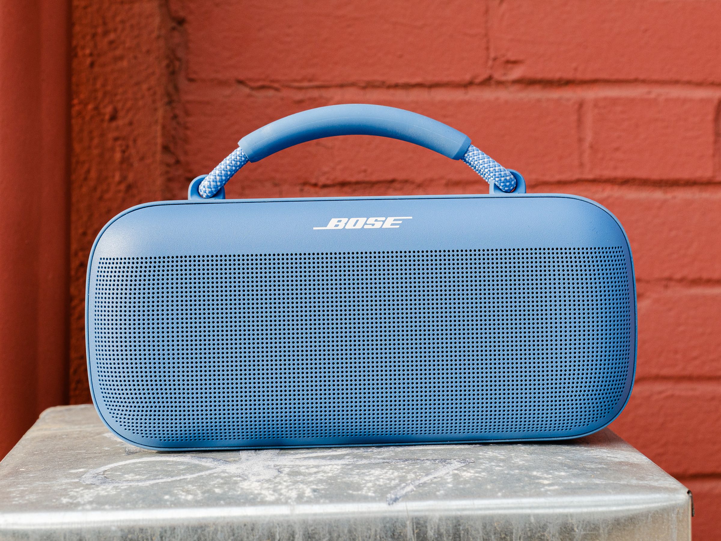 A photo of Bose’s blue SoundLink Max portable speaker.