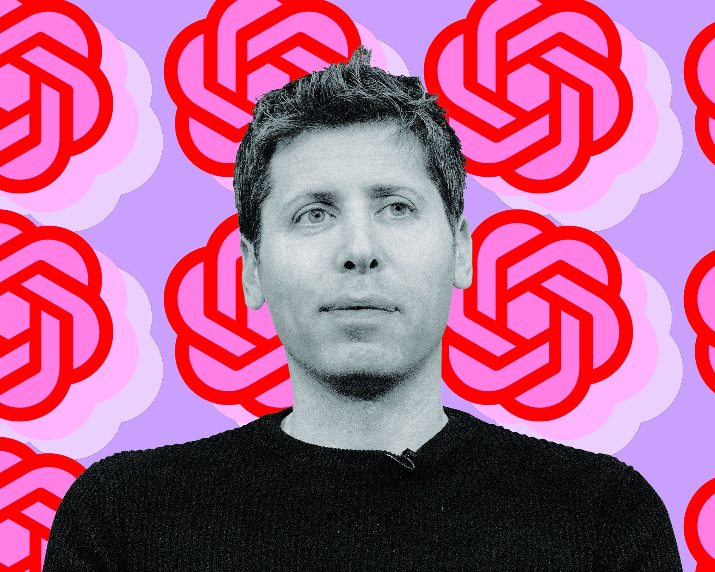Photo collage of Sam Altman in front of the OpenAI logo.