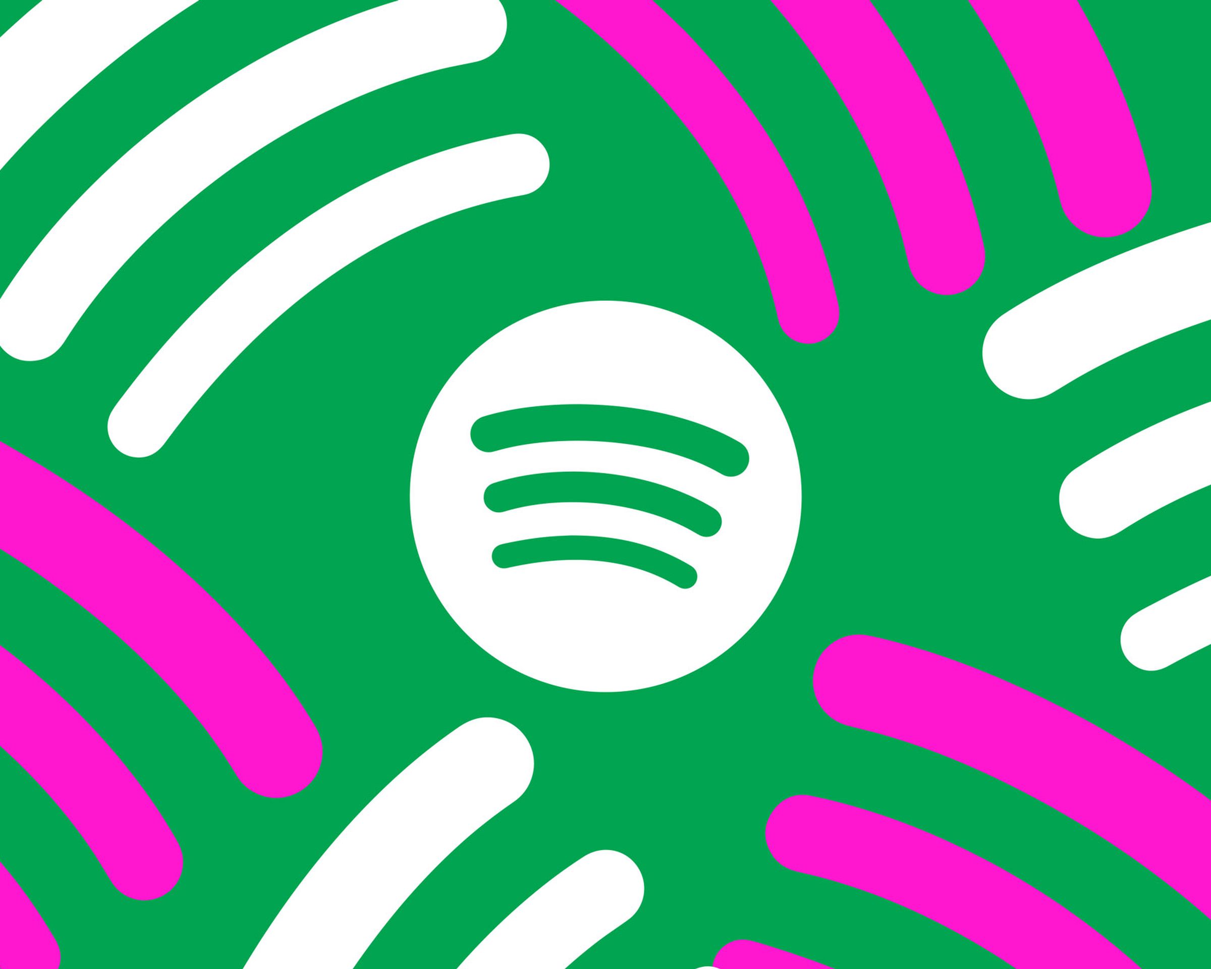 The Spotify logo on a green backdrop surrounded by pink and white graphics.