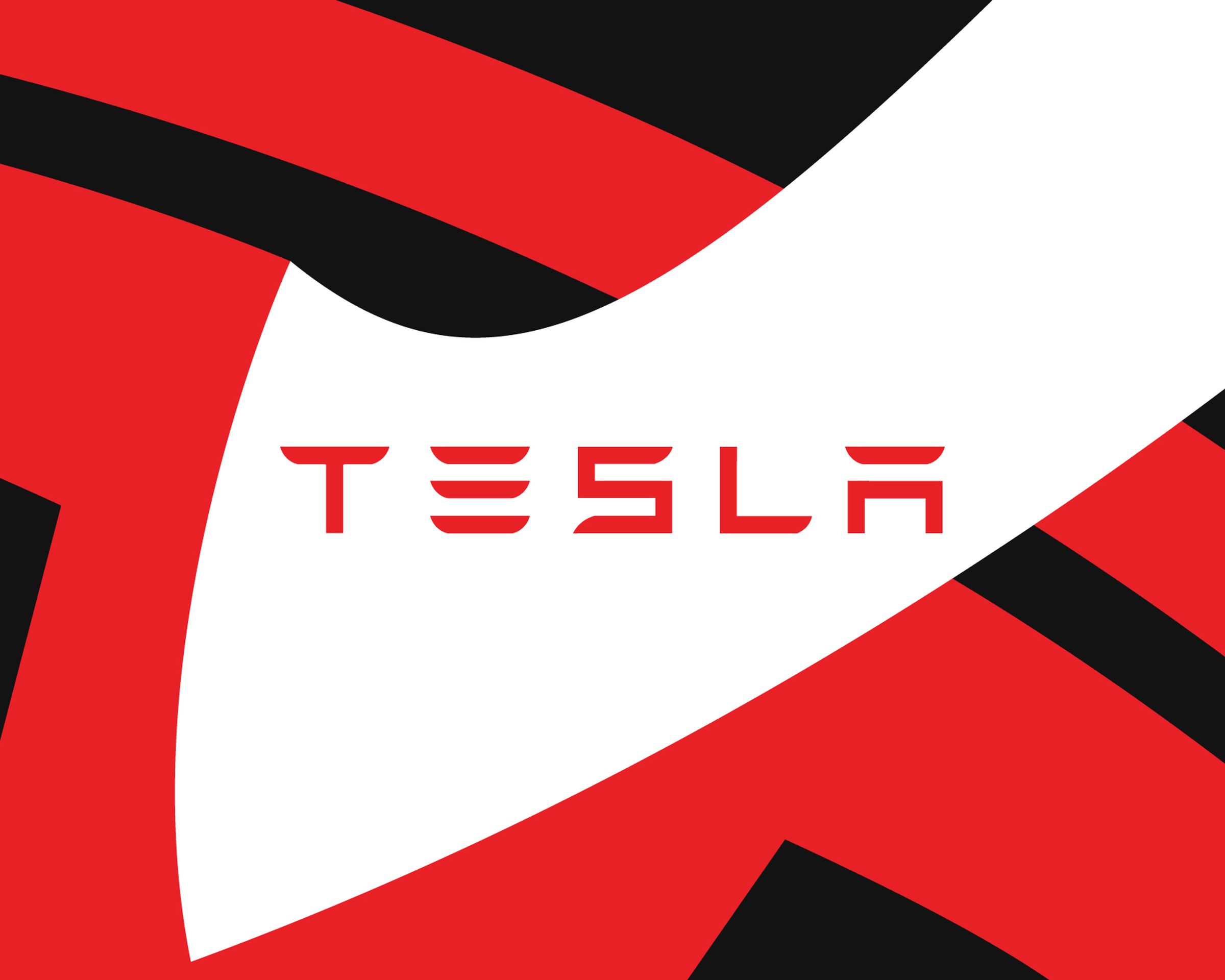 This is a stock image of the Tesla logo spelled out in red with a white shape forming around it and a tilted and zoomed red Tesla T logo behind it.