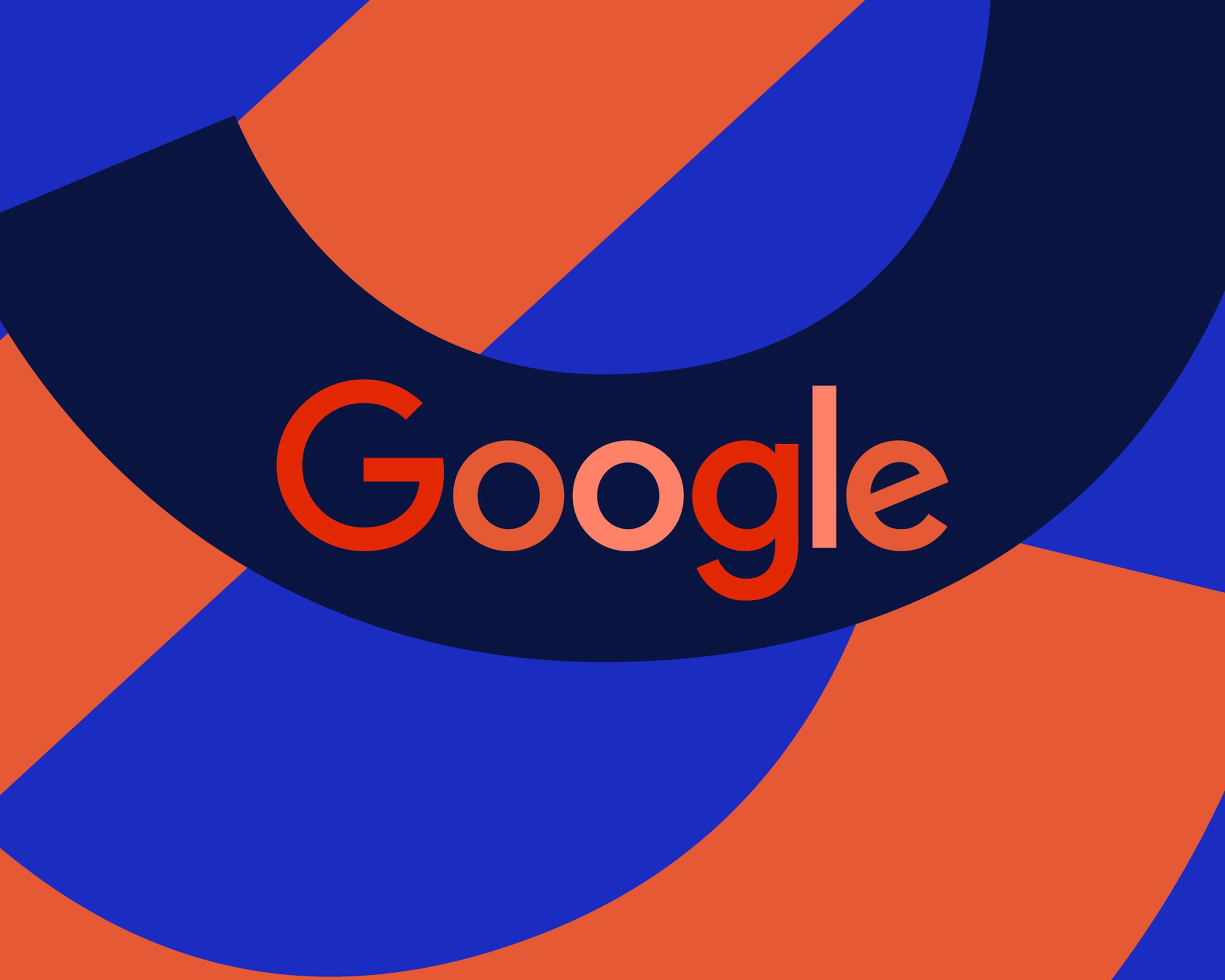 Illustration of Google’s wordmark, written in red and pink on a dark blue background.