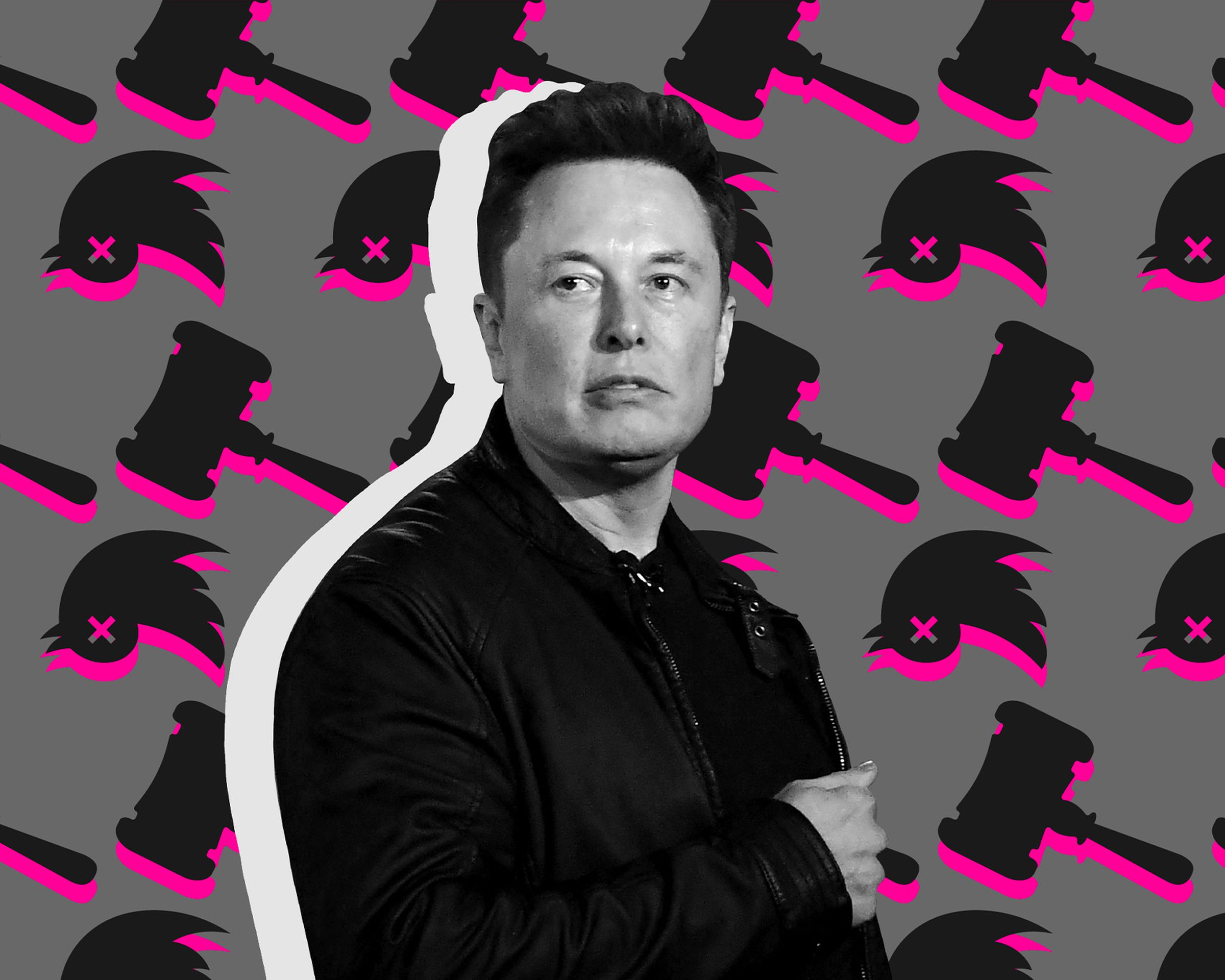 An image showing Elon Musk on a background with hammers
