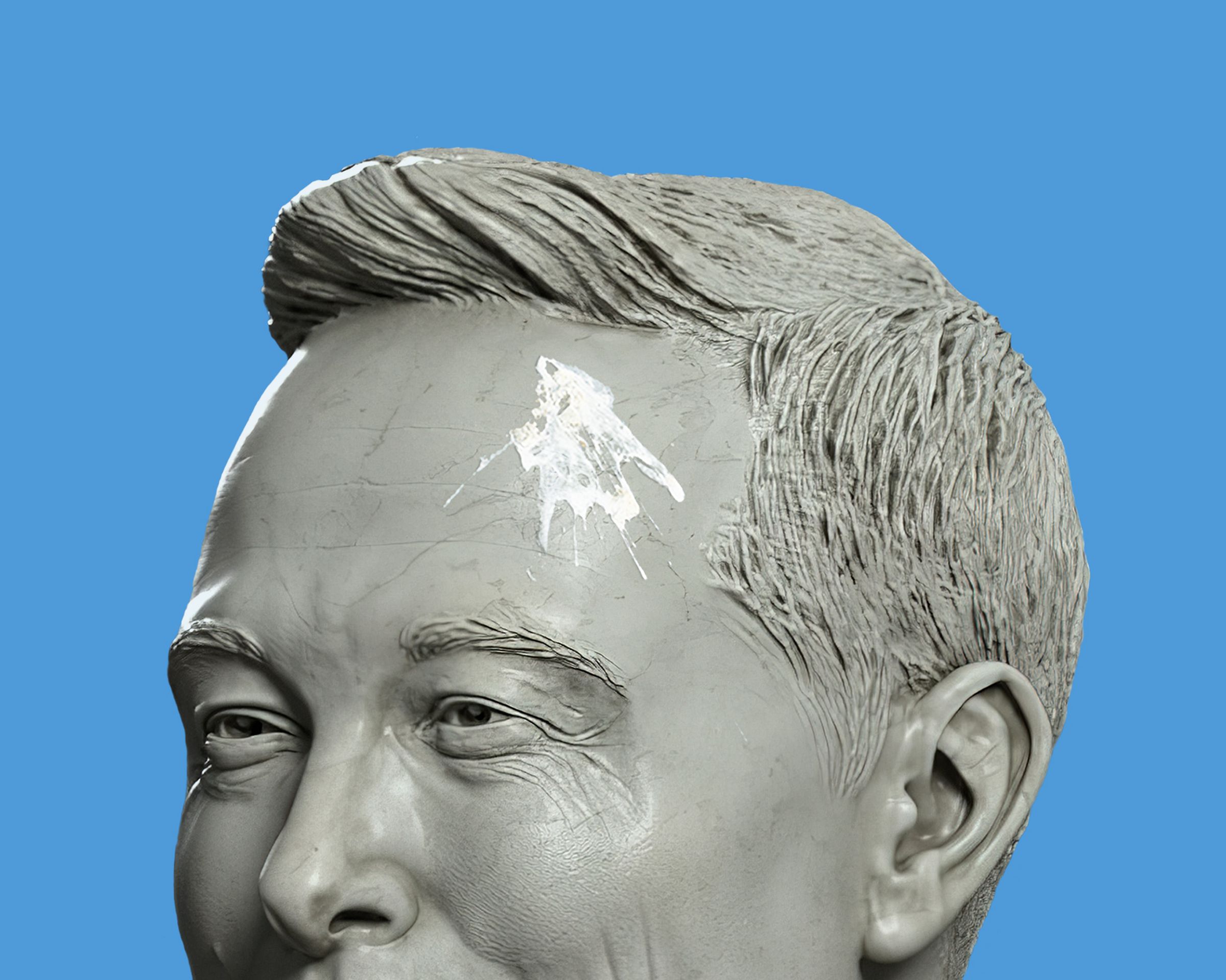 A statue bust of Elon Musk with bird droppings on its forehead over a blue background.