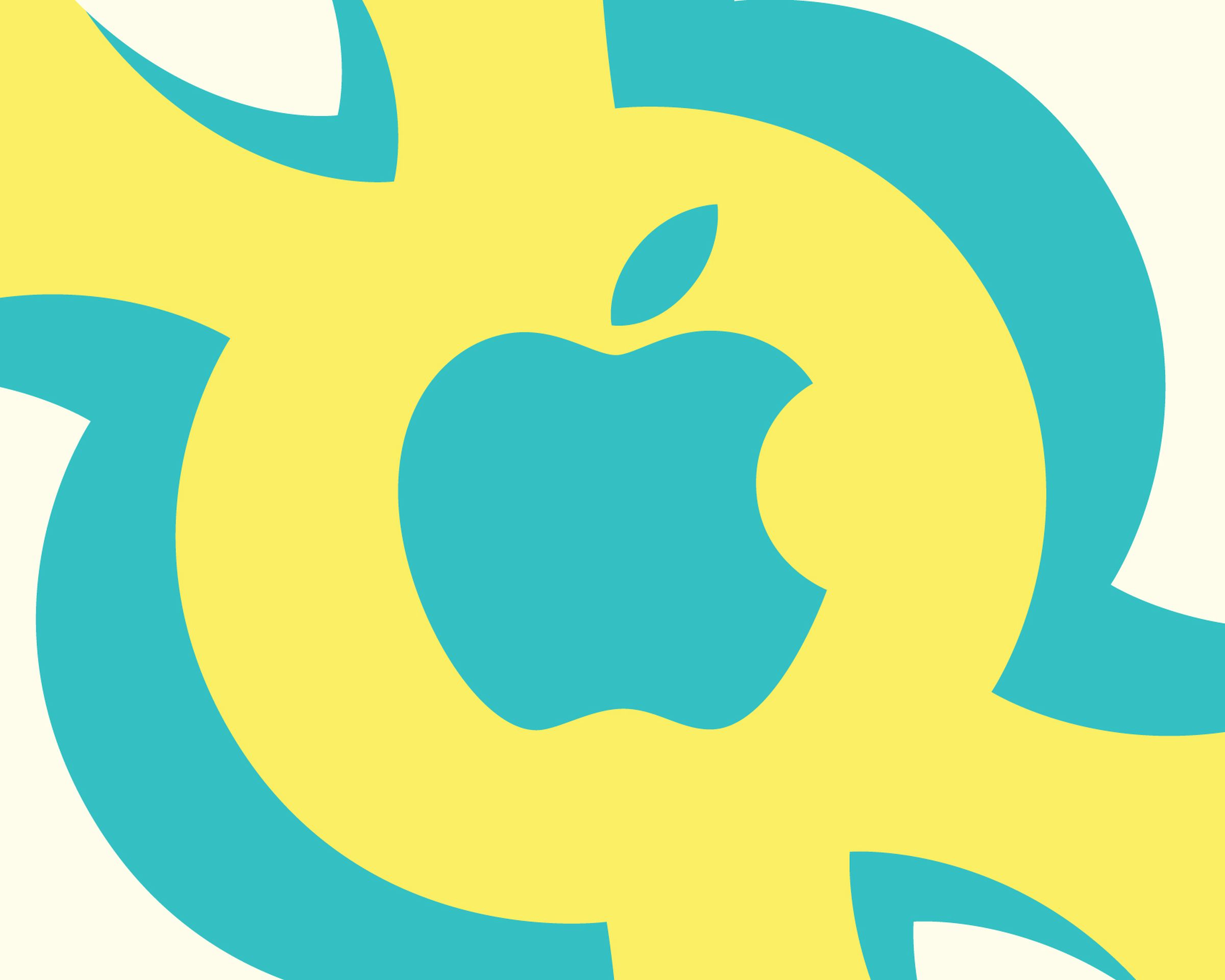 Illustration of the Apple logo on a yellow and teal background.