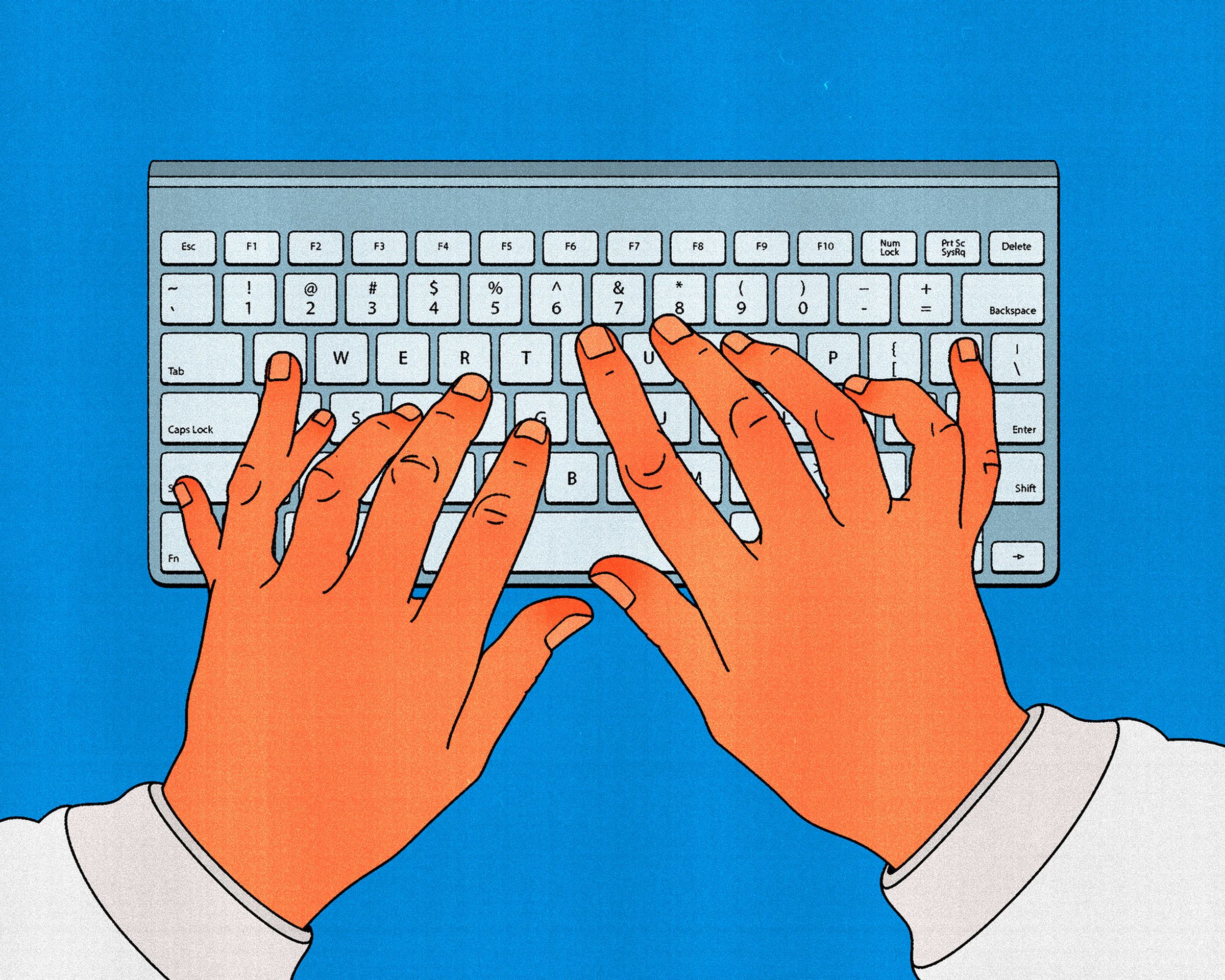Hands with additional fingers typing on a keyboard.