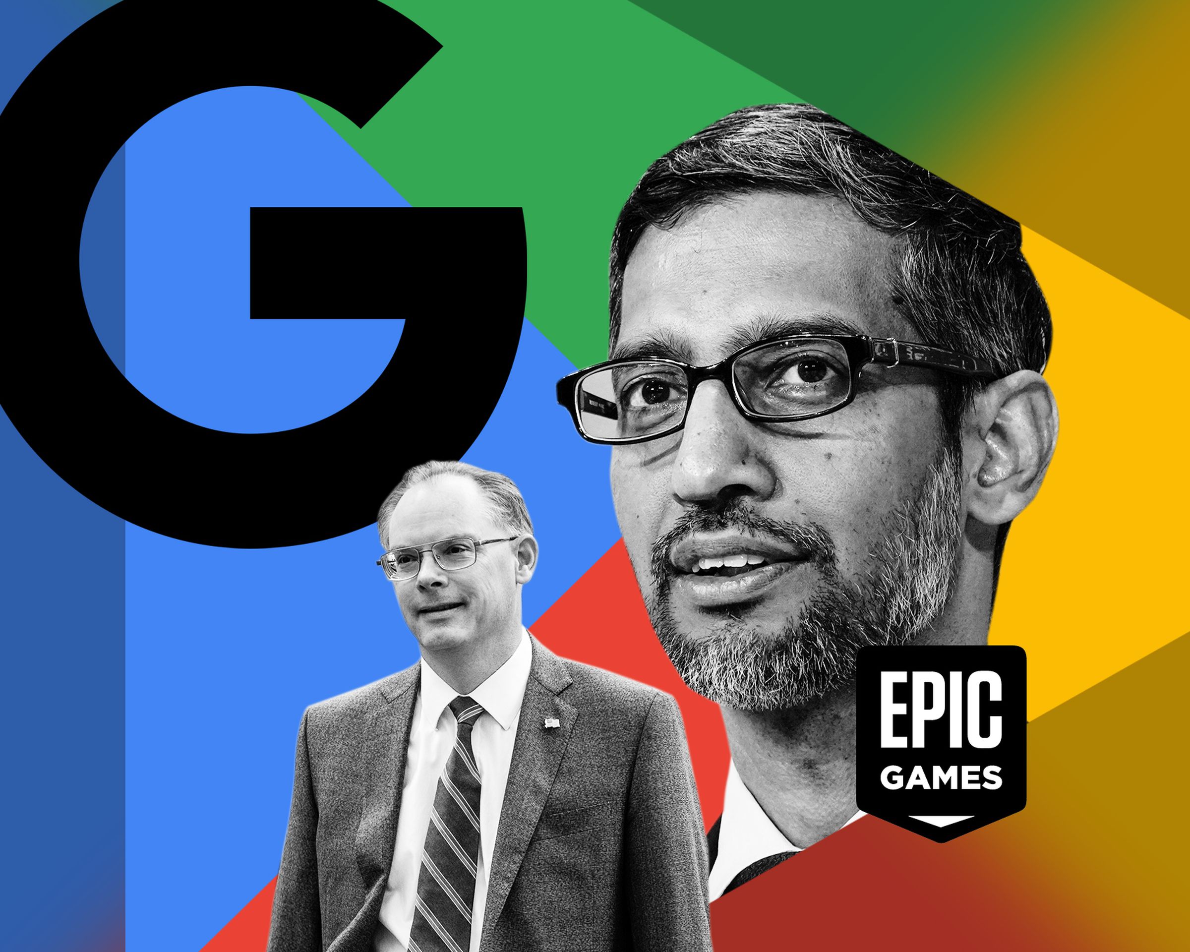 Photo illustration of Sundar Pichai and Tim Sweeney with the Google logo, Google Play logo, and the Epic Games logo.