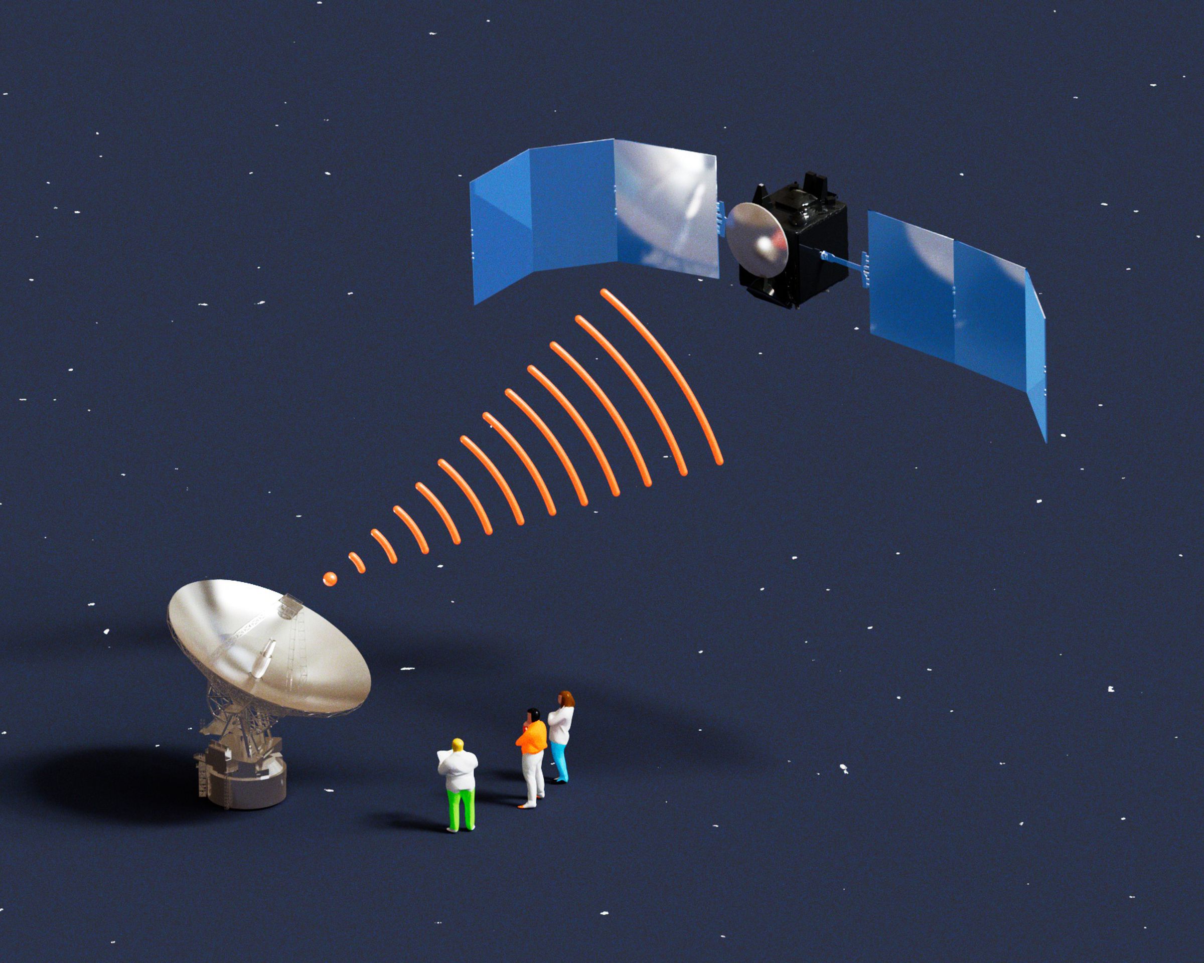 3D illustration of two satellites communicating with each other. 
