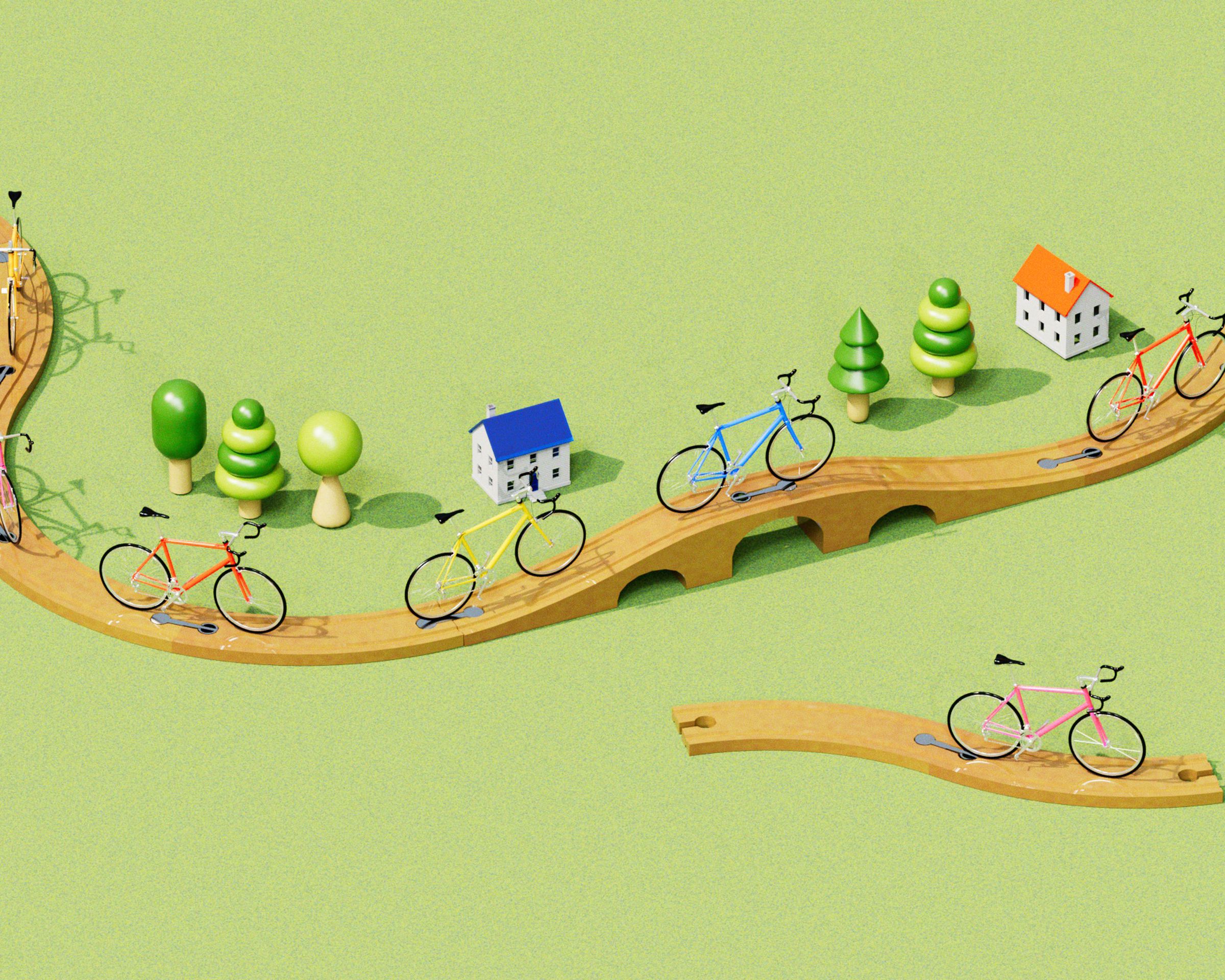 3D illustration showing a contrast between a community with a lot of bike infrastructure versus one without any.