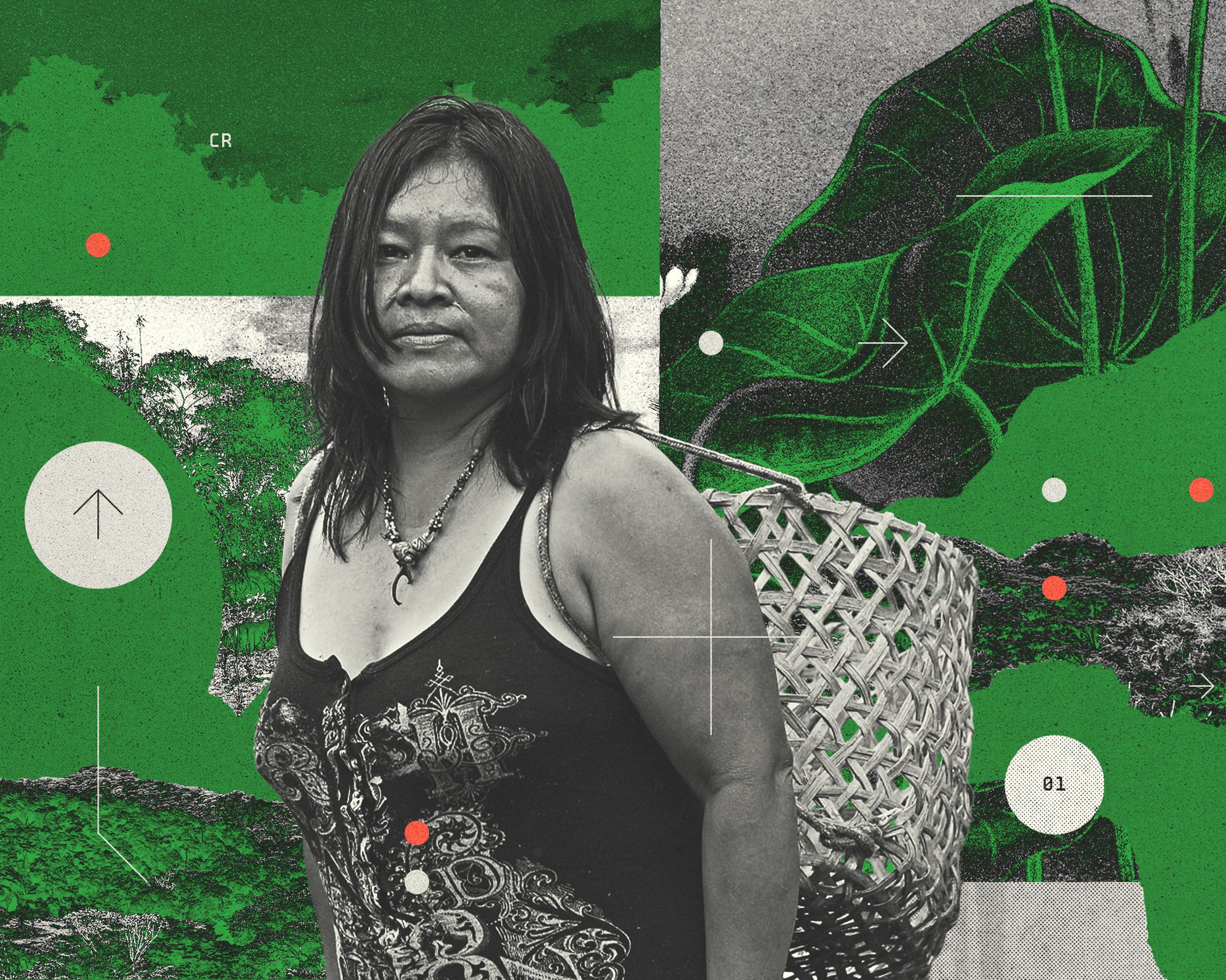 Photo collage of Doris Ríos in a composition of green organic shapes.