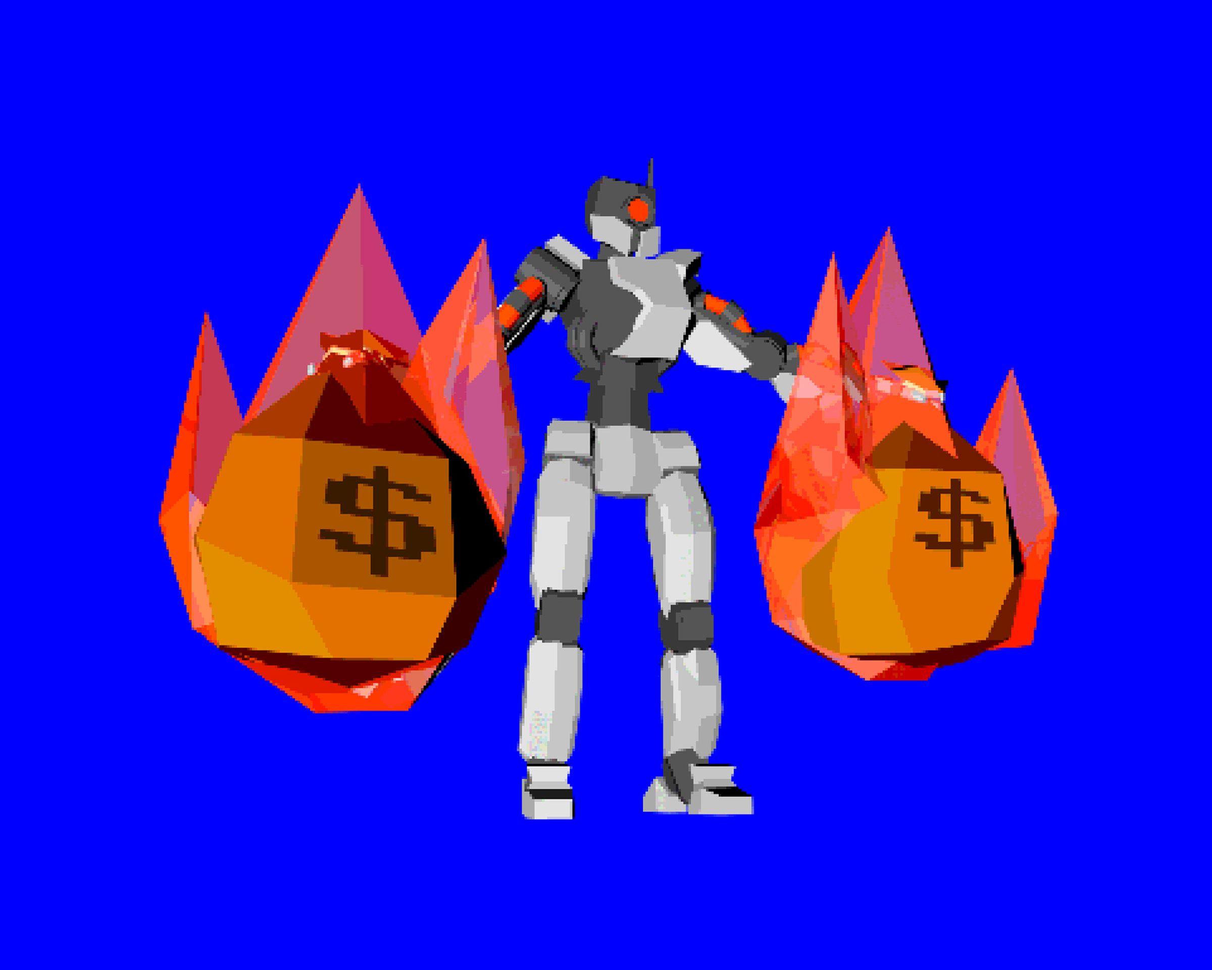 3D illustration of a robot holding two bags of money on fire.