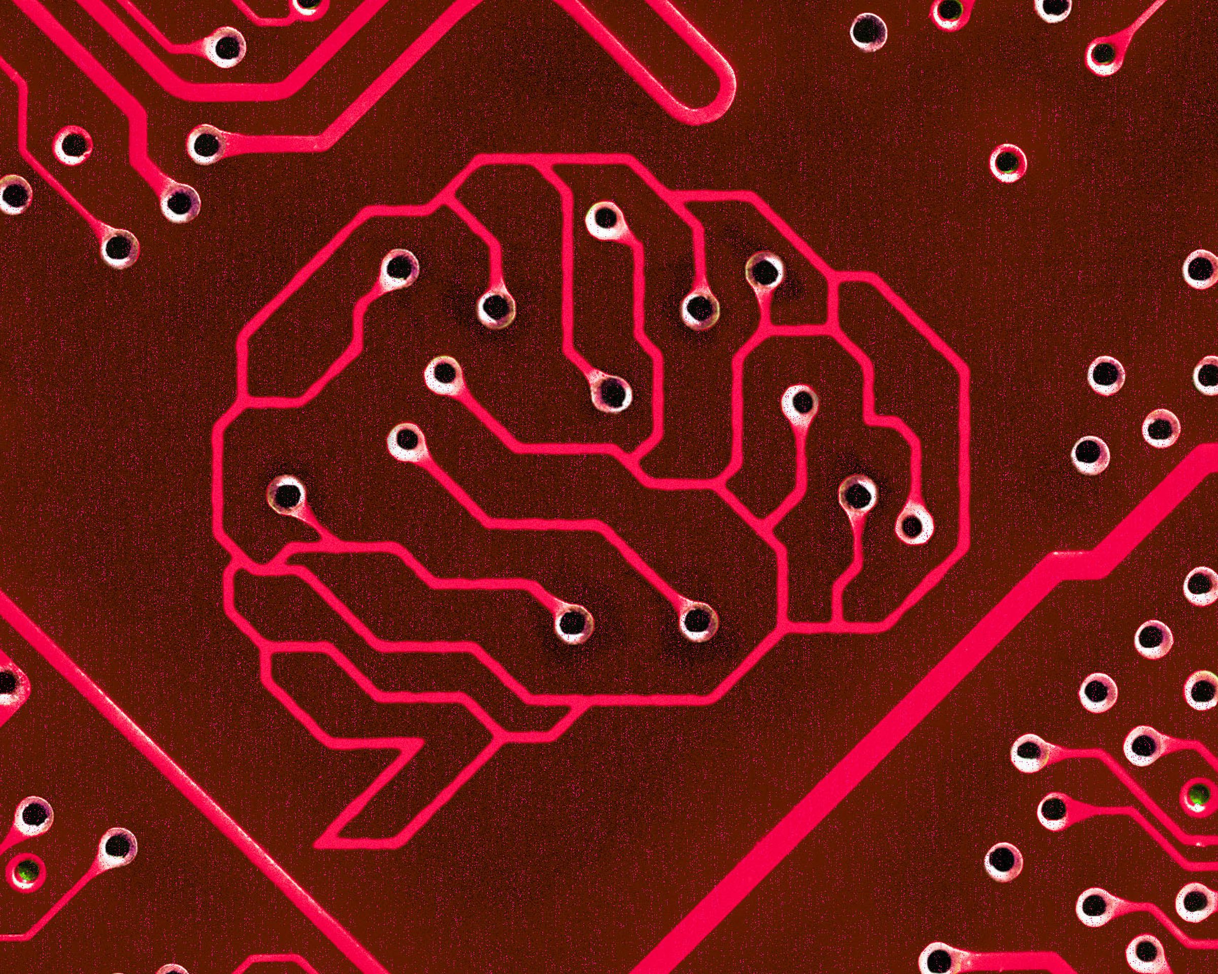 Photo illustration of a brain on a circuitboard in red.