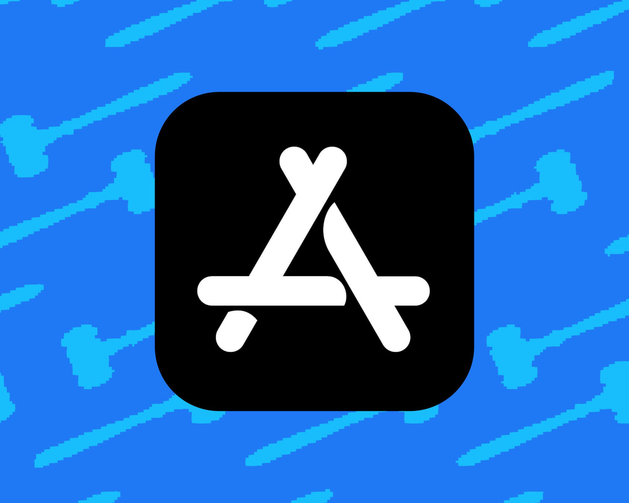 Illustration of the App Store logo in front of a background of gavels.