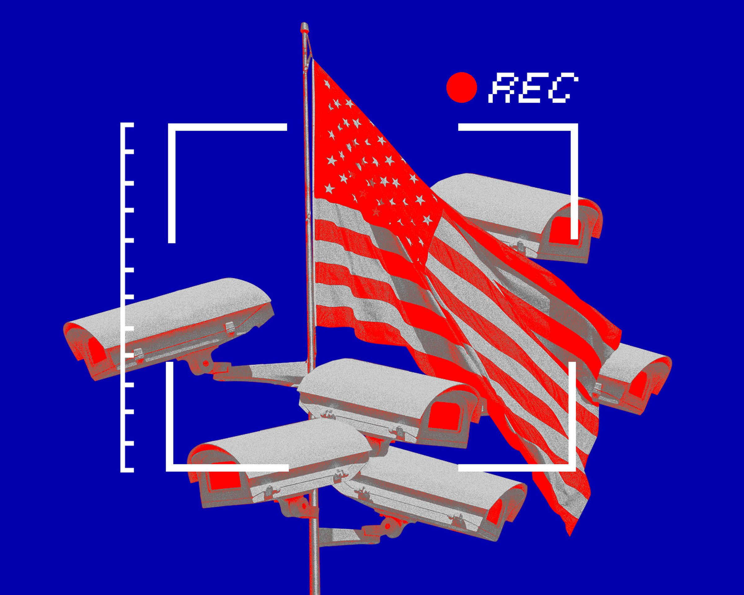 Photo collage of an American flag pole covered in security cameras.