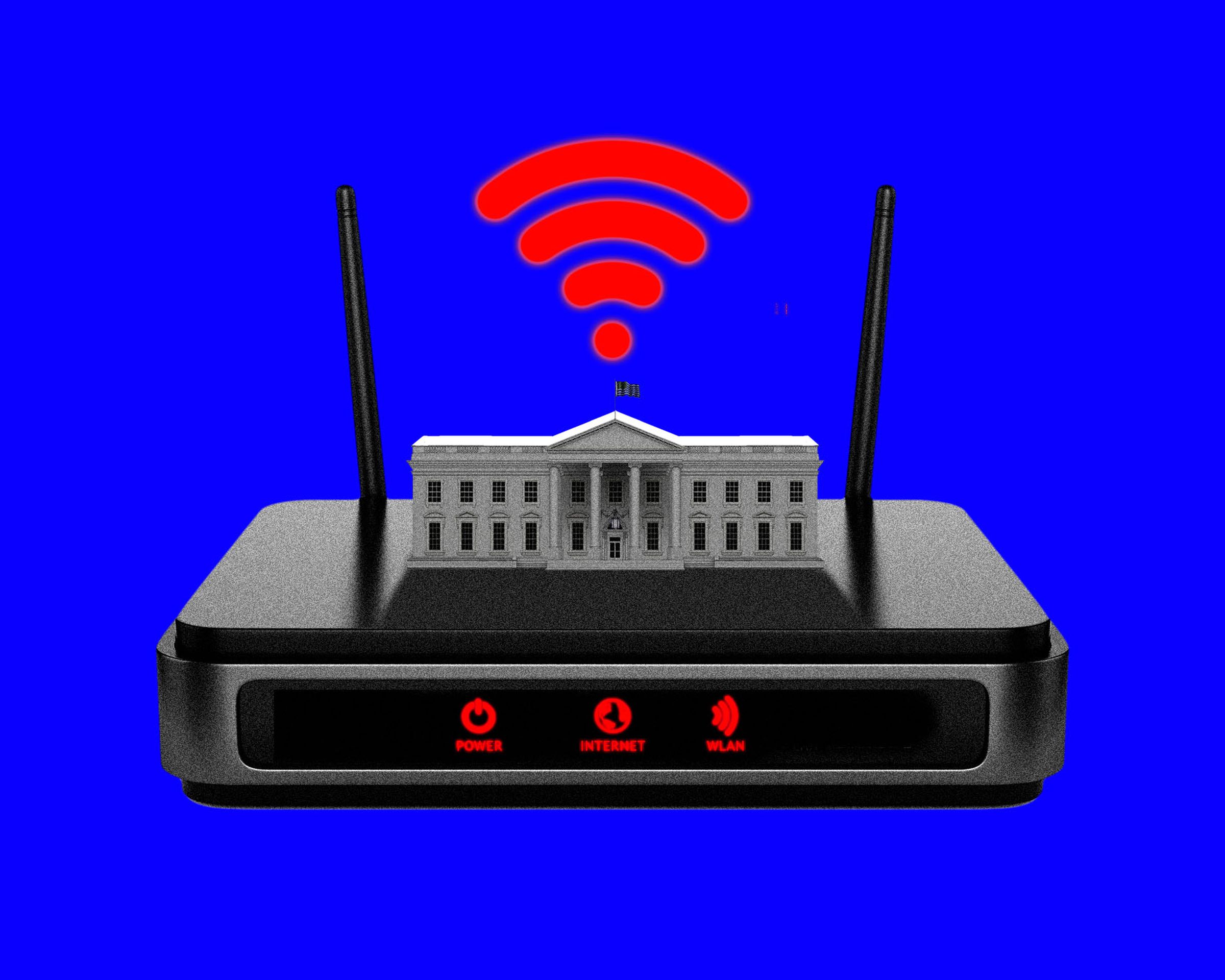 Photo illustration of the White House sitting on top of a router.