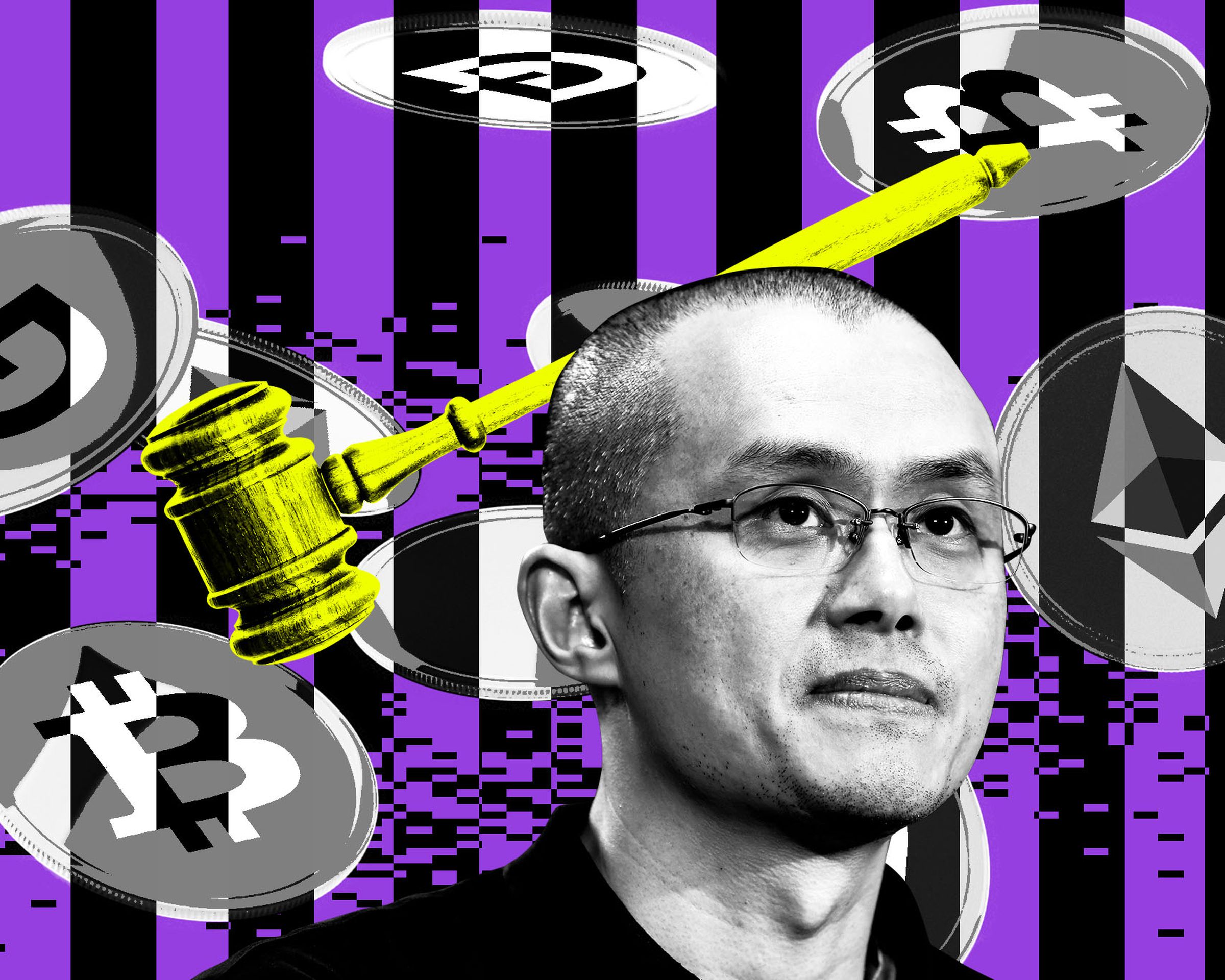Photo collage of Changpeng Zhao in front of a background of black stripes, crypto coins, and a gavel.