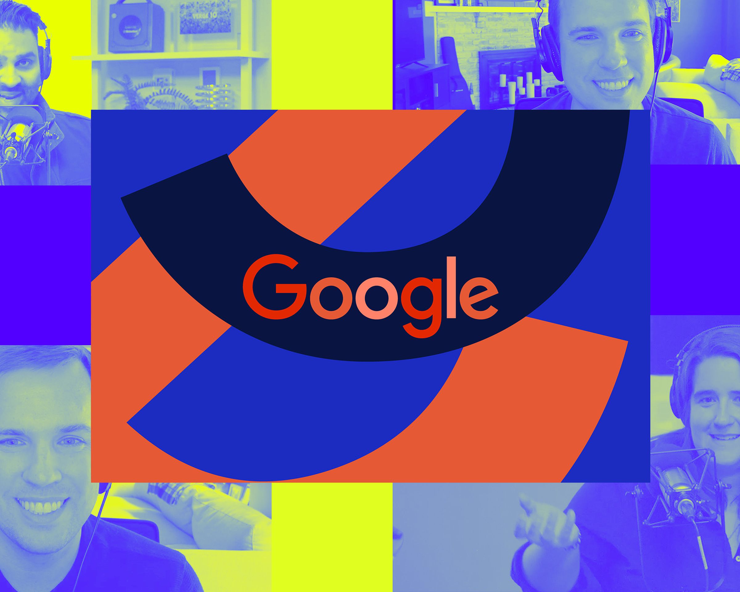 An image of the Google logo on top of a Vergecast illustration.