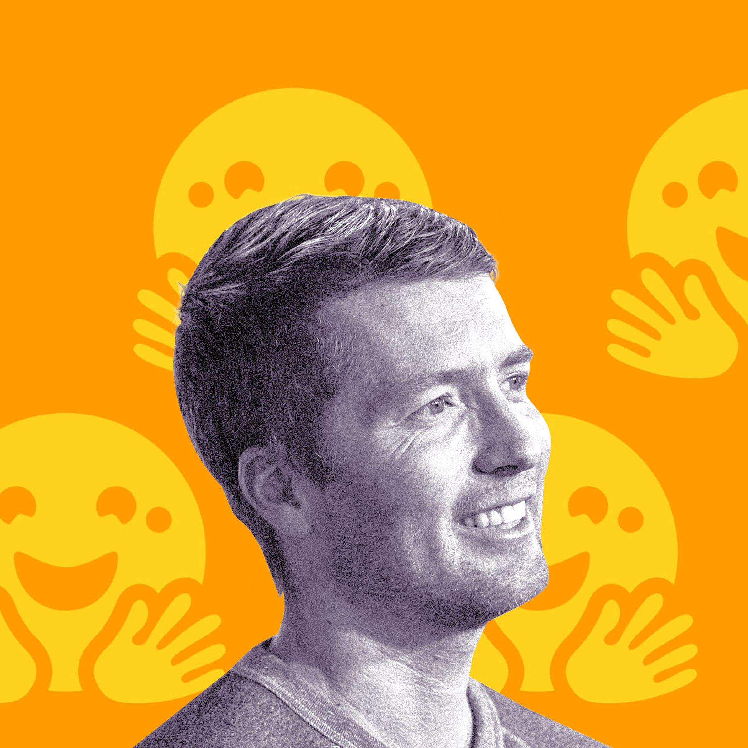 Photo illustration of Clément Delangue of Hugging Face in front of the Hugging Face logo.