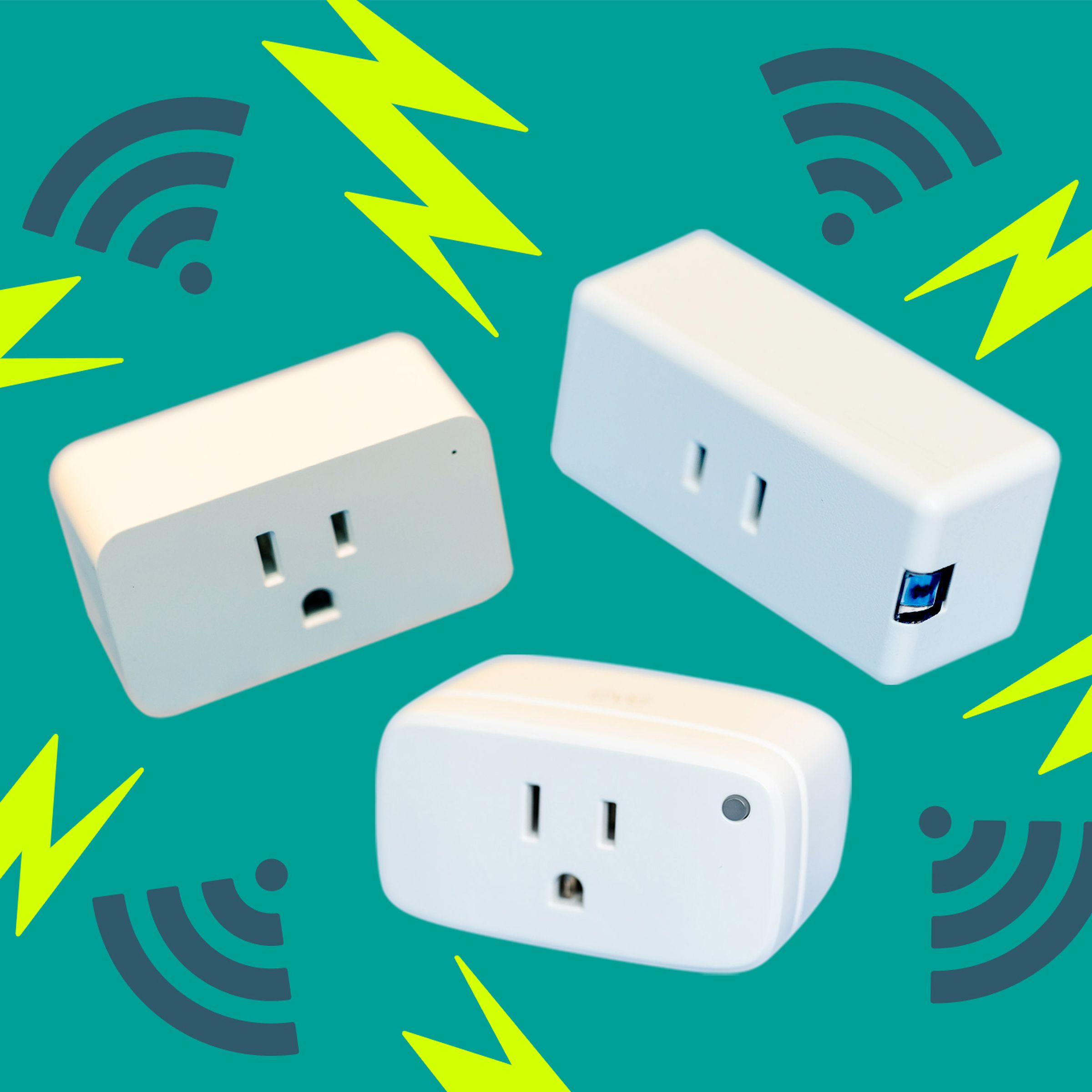 Photo illustration of different smart plugs on a background of wifi symbols and electricity.