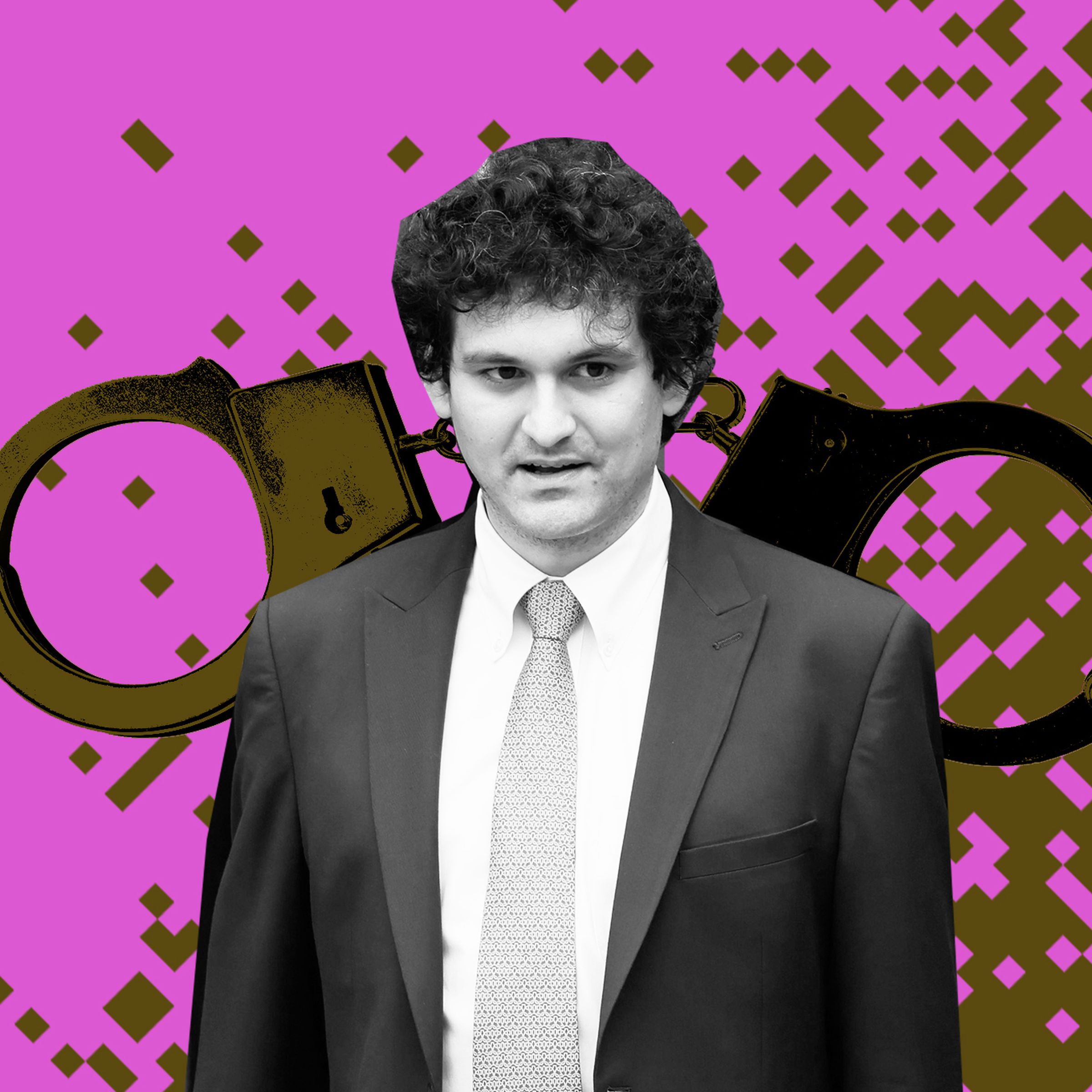 Photo illustration of Sam Bankman Fried on a background of pixels and handcuffs.