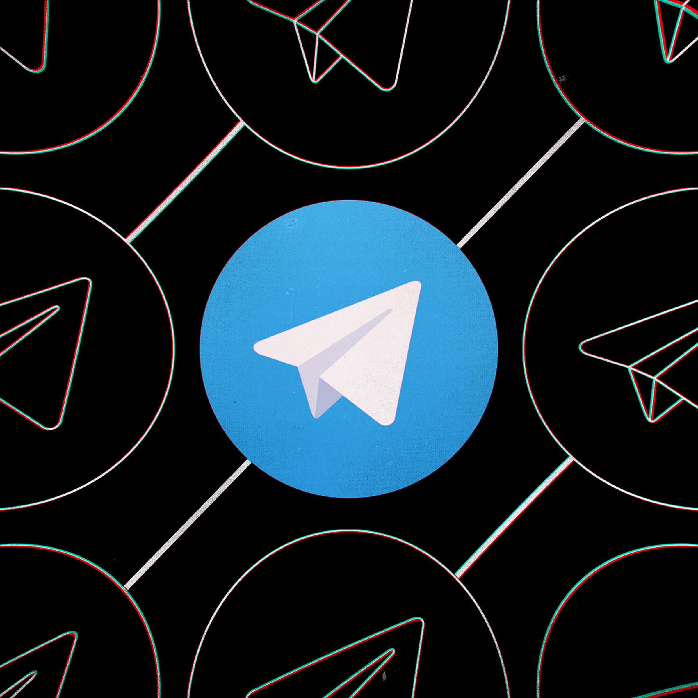 A picture of Telegram’s paper airplane logo surrounded by stencils of the logo.