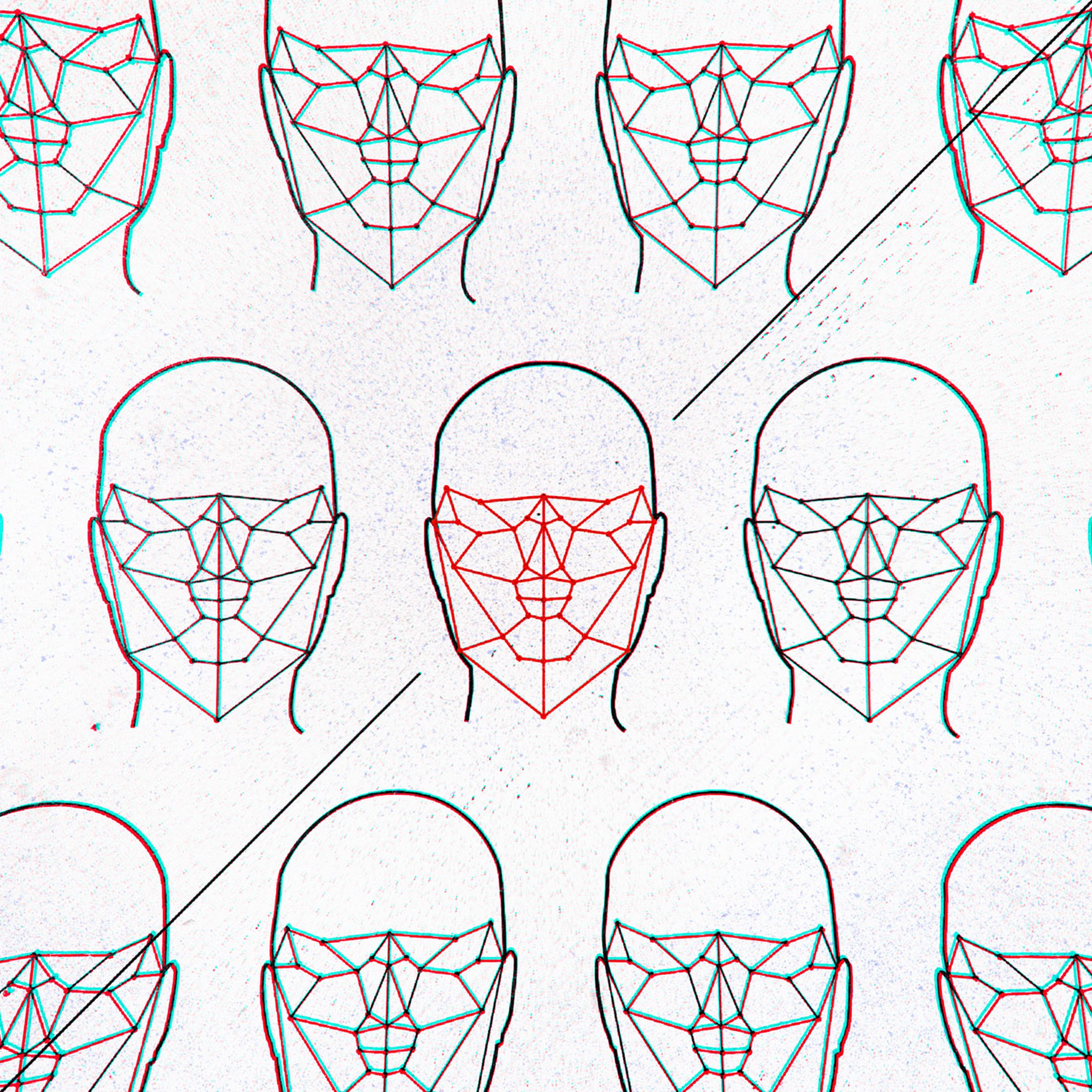 A series of wireframe faces.