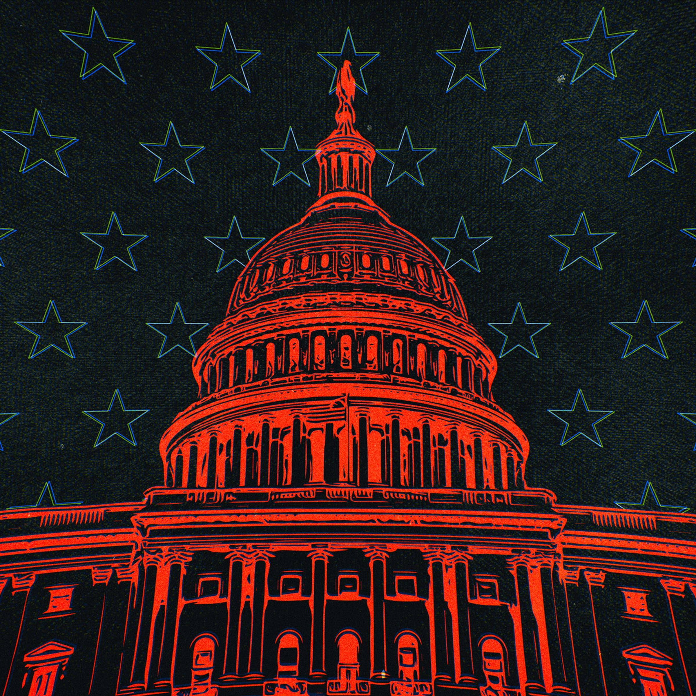 The image is an illustration of the US Capitol building overlaid on a star patterned background.