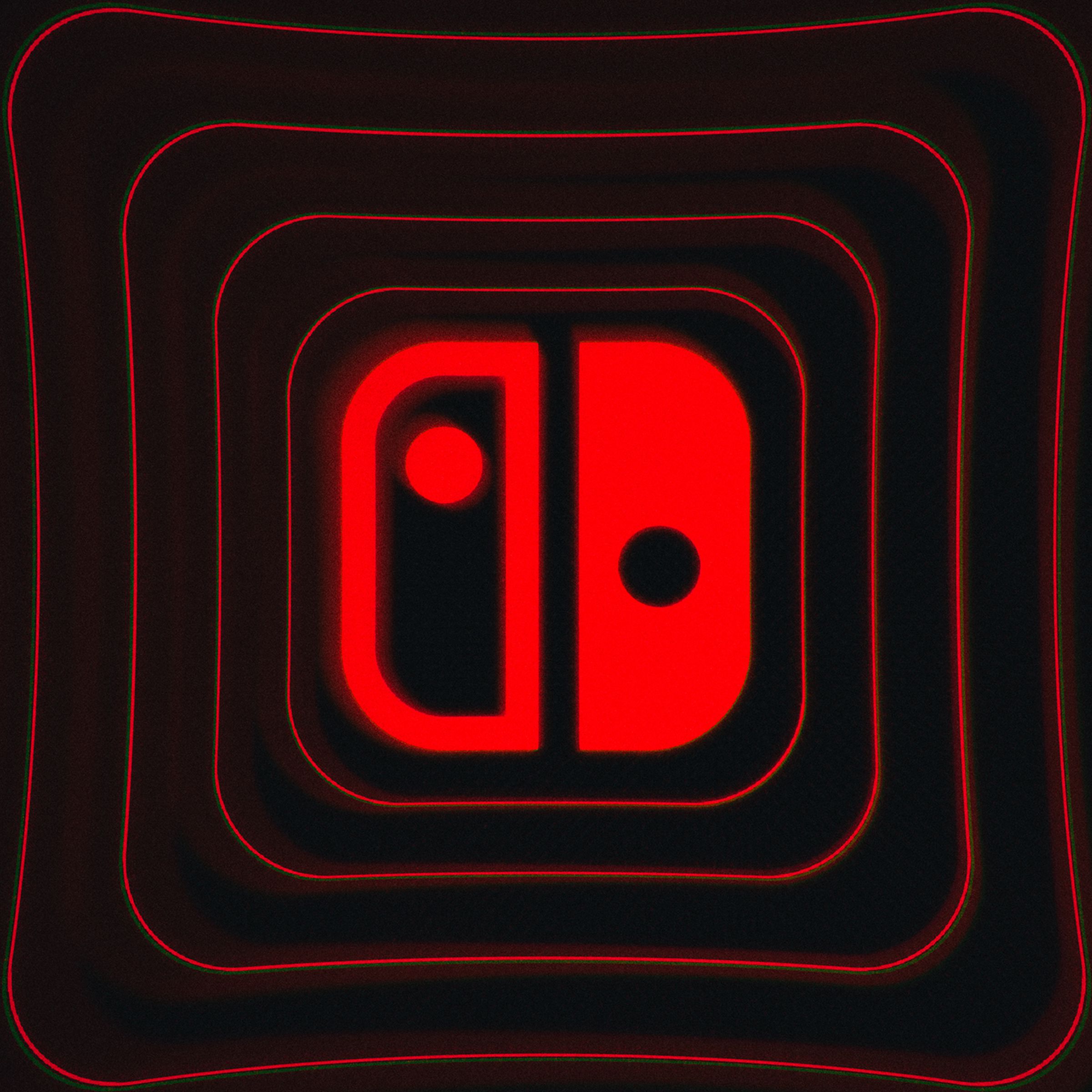 The Nintendo Switch logo on a black background with waves of thin red concentric rounded squares around it.