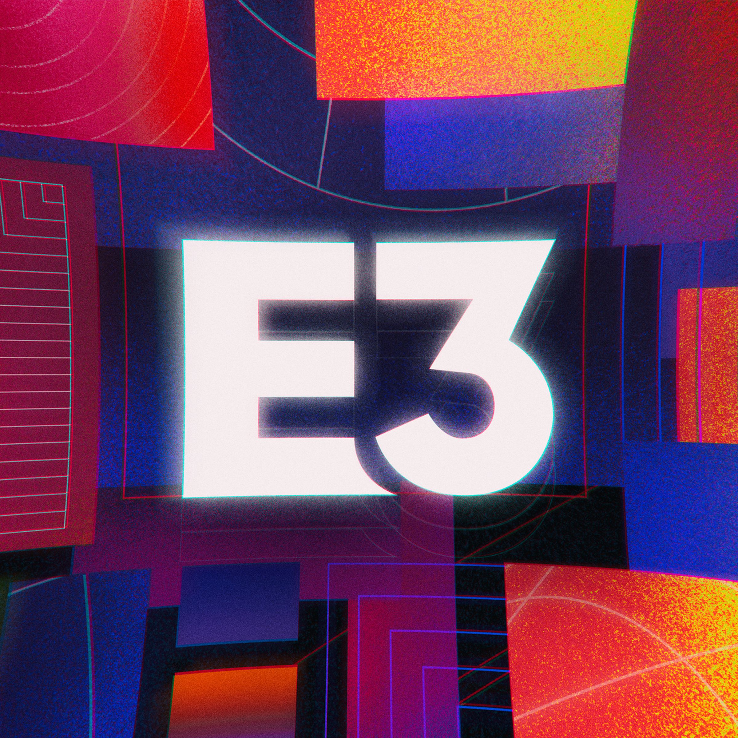 Illustration of the E3 logo on a background of red, orange, and blue squares.