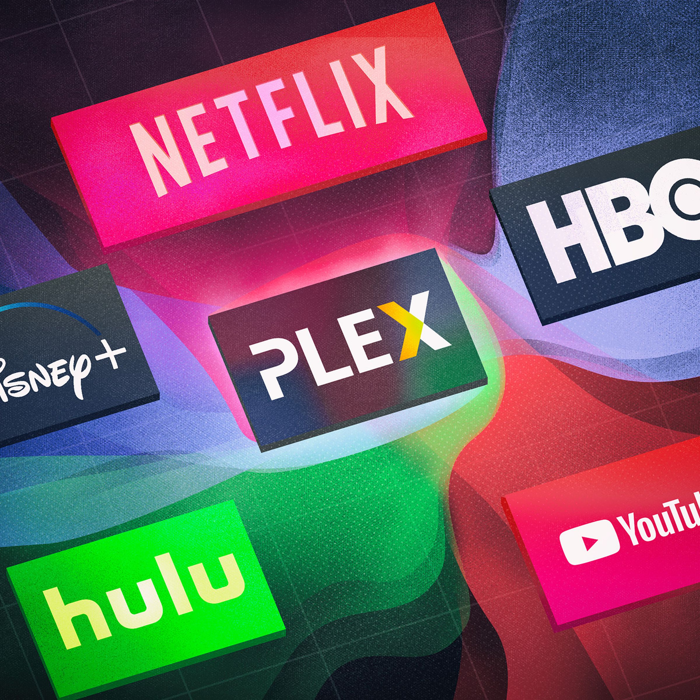 An illustration with logos of Netflix, Disney Plus, Hulu, YouTube, Plex, and HBO. The logo colors bleed into the dark background for a more colorful effect.