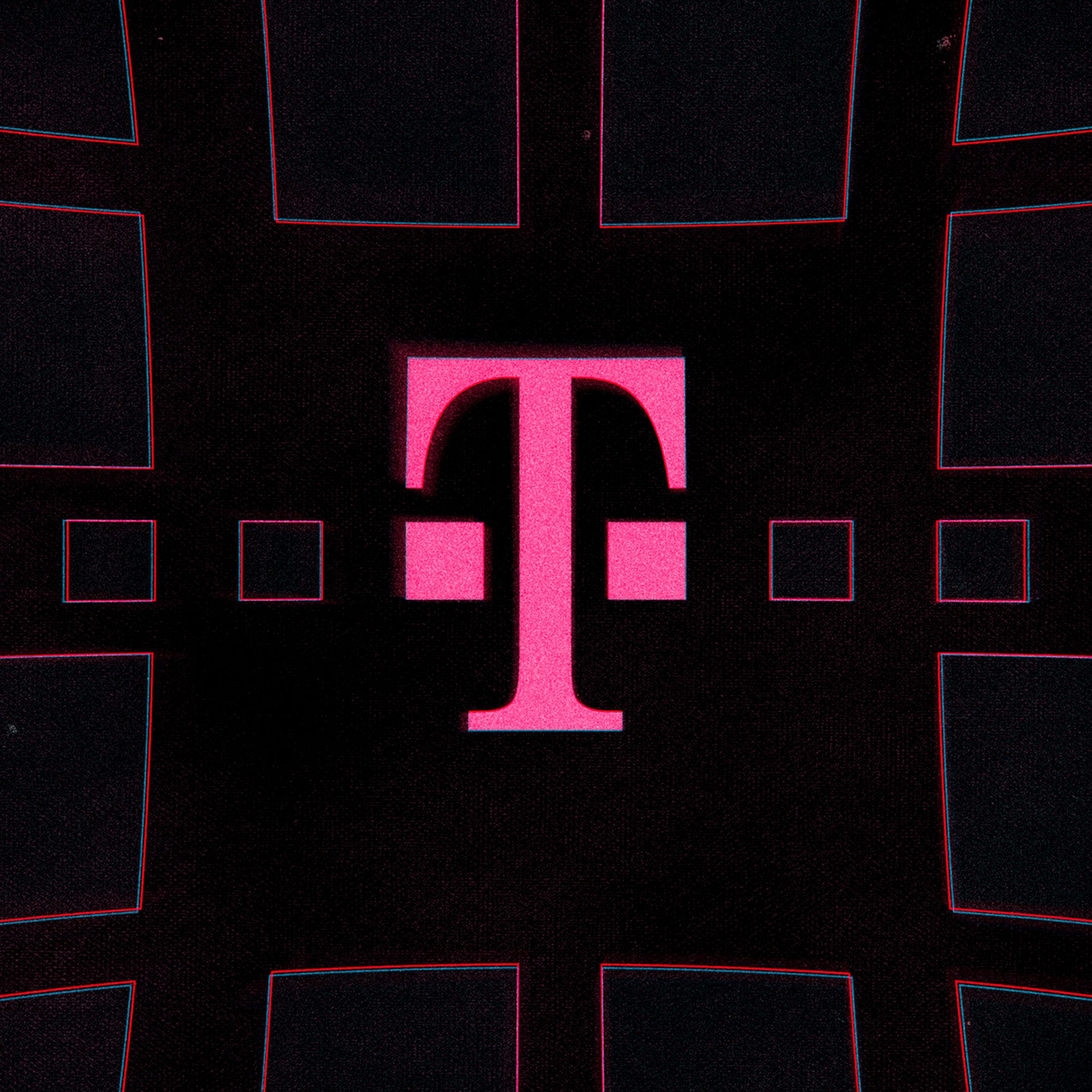 An illustration of T-Mobile’s magenta “T” logo on a black field with color-matched graphical squares.