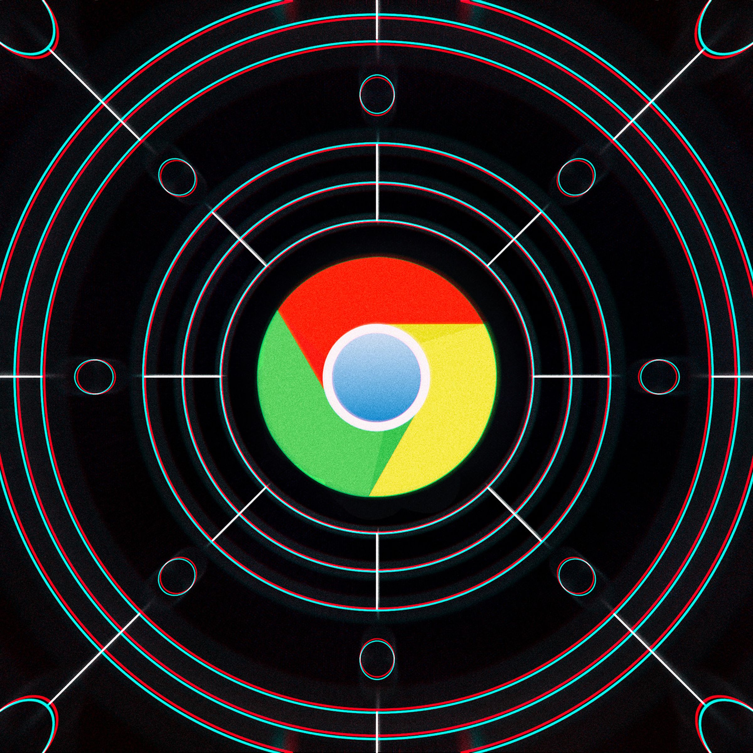 The Google Chrome logo in the center of a web-like graphic.