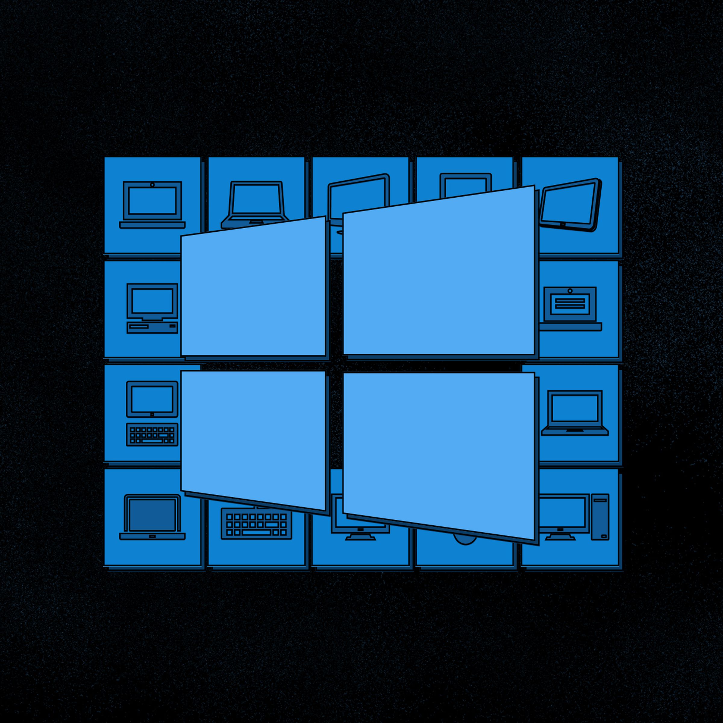 A picture of the Windows logo on a background of squares with various glyphs that look like computers.