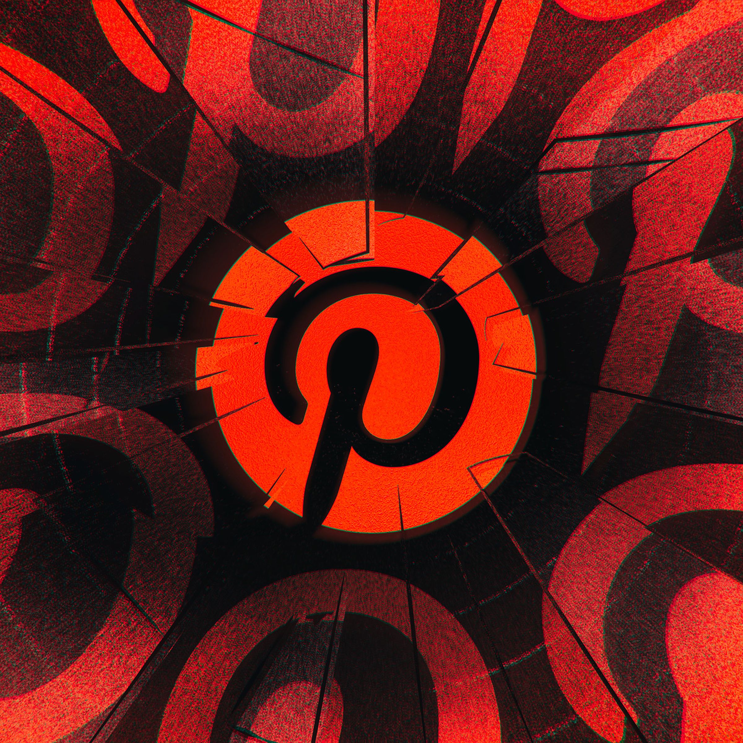 Illustration of the Pinterest logo, seemingly made out of shards of glass.