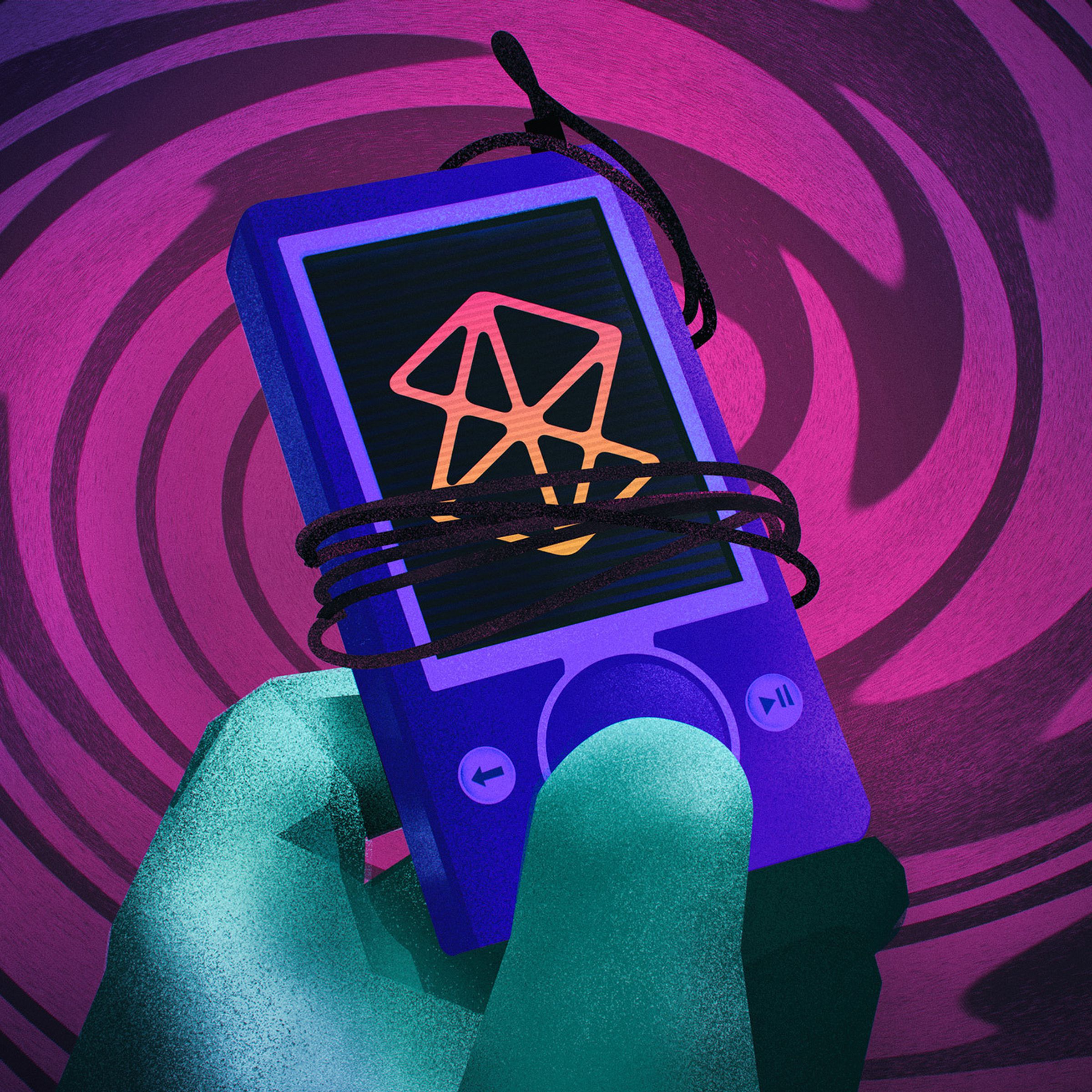 illustration of a Zune with a cable wrapped around it and purple hues