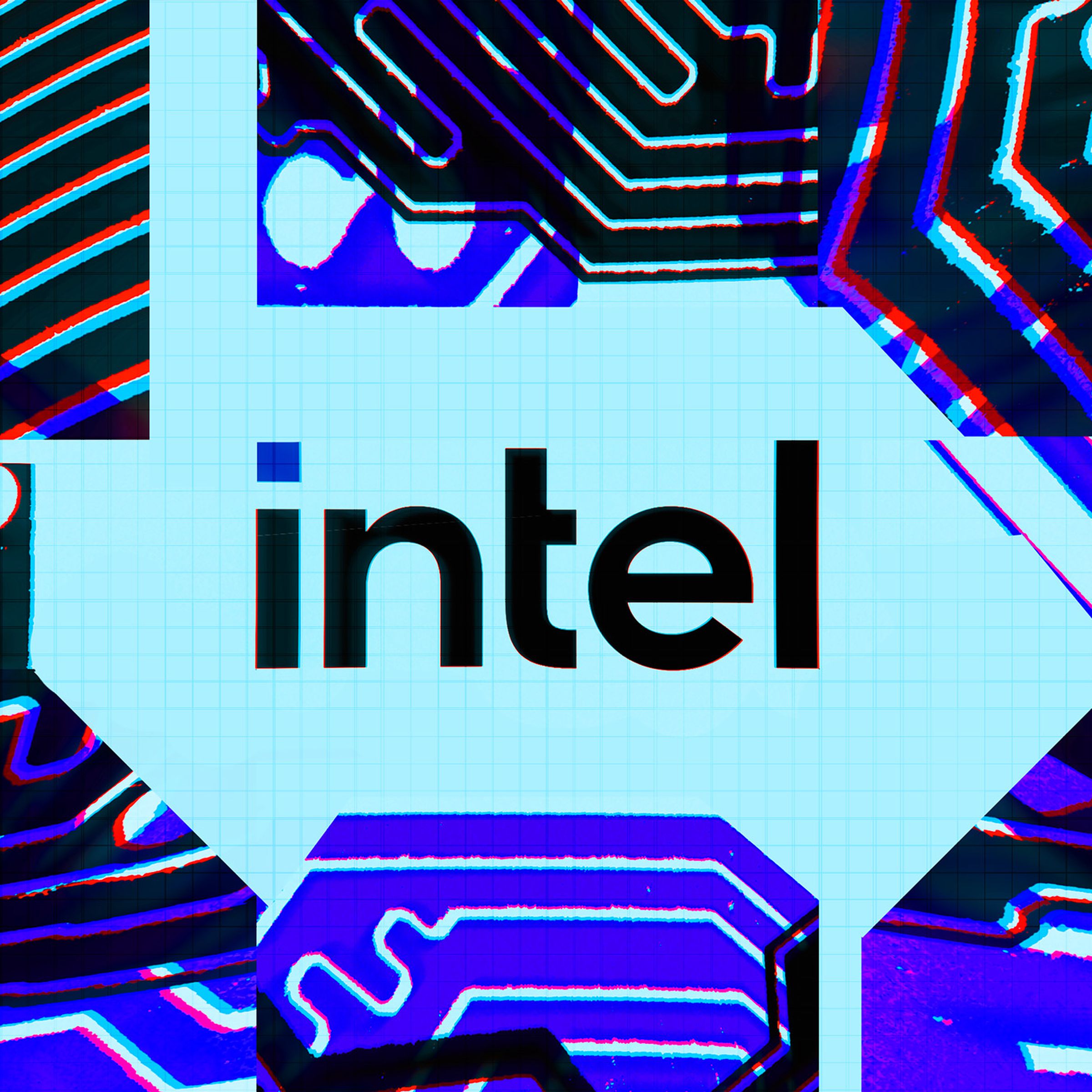 An Intel logo surrounded by processors