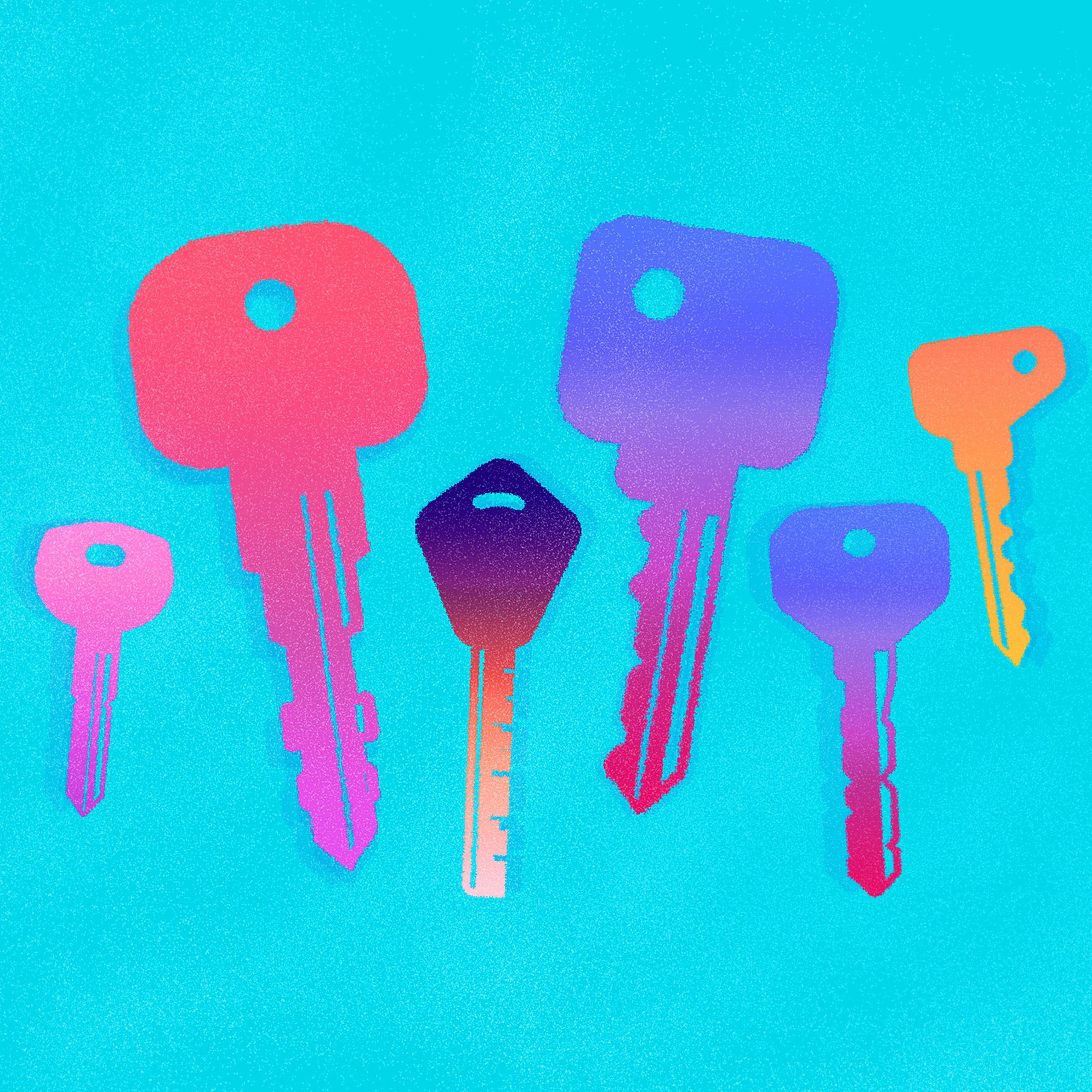 Illustration showing six different multicolored door keys on a light blue background.