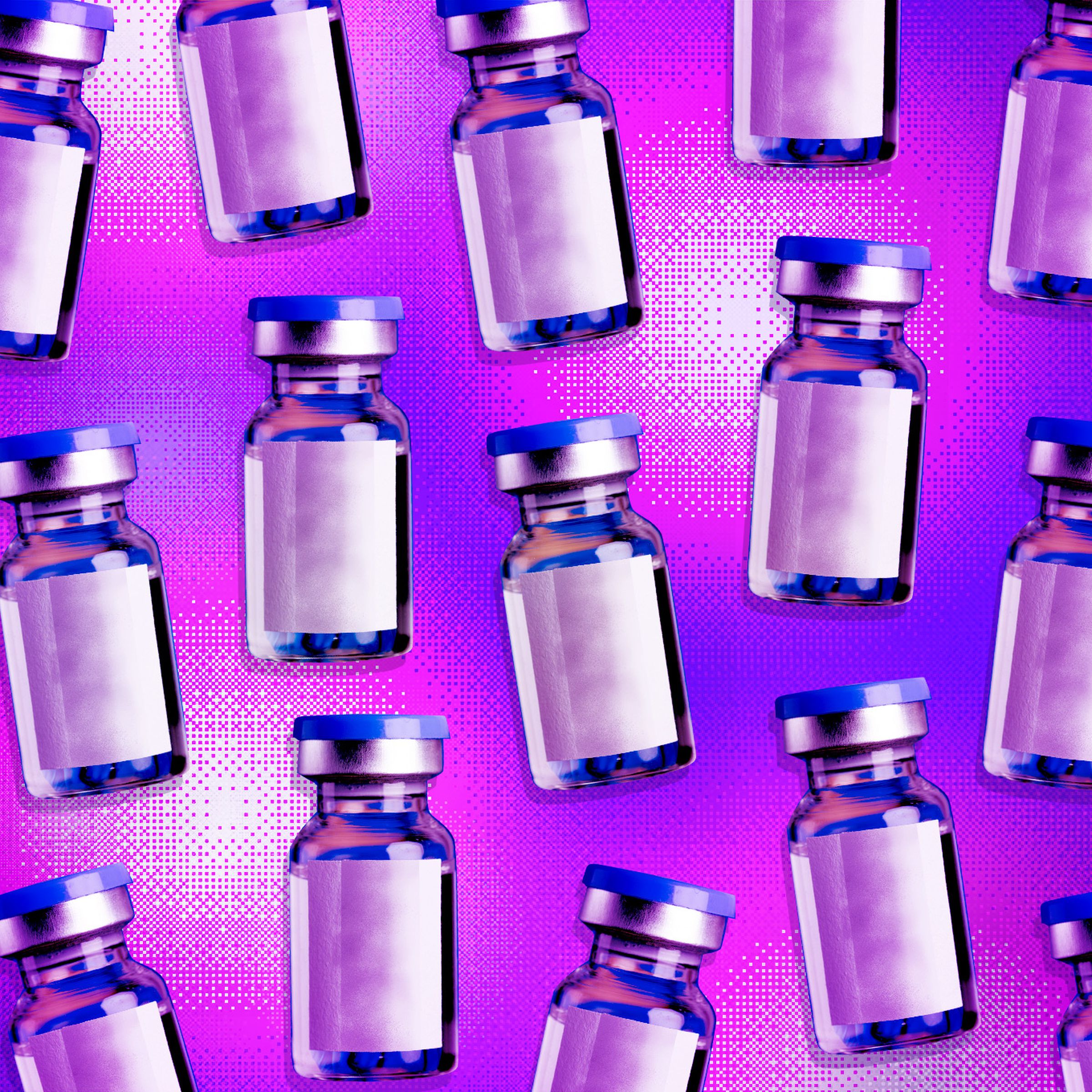 An illustration of several vaccine vials over a pink and purple background.