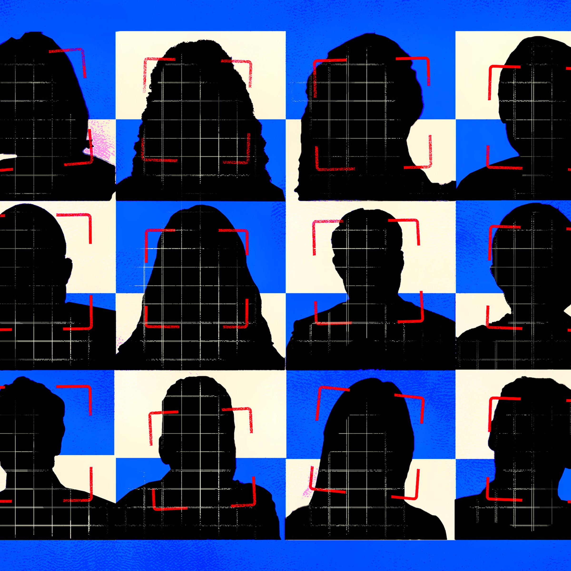 A blue, cream, and black grid of face silhouettes with red “lock on” frames over them.