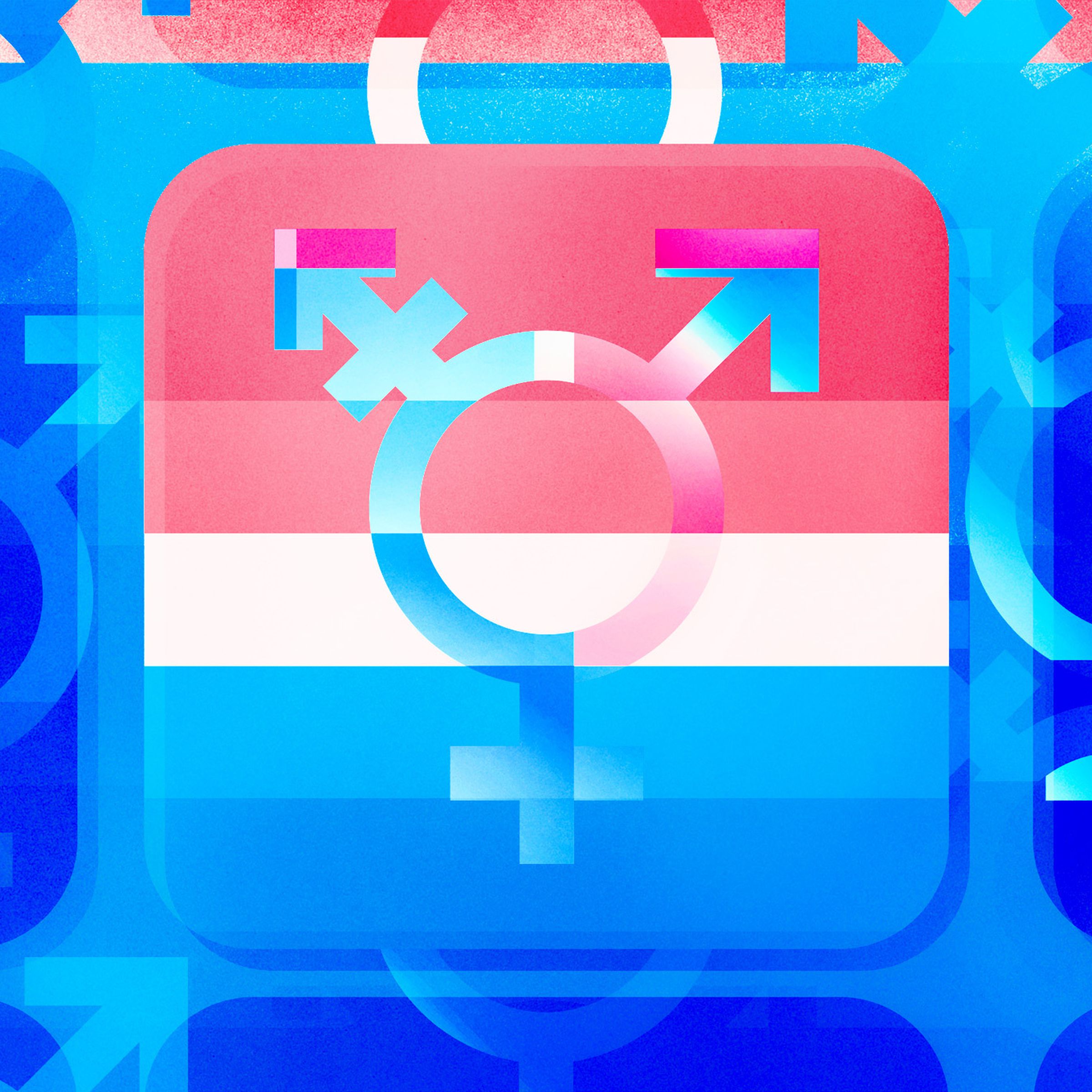 The transgender symbol in a square that looks like an app icon, overlapping with stripes of pink, white, and blue. Glitchy iterations of the symbol appear in the blue background.