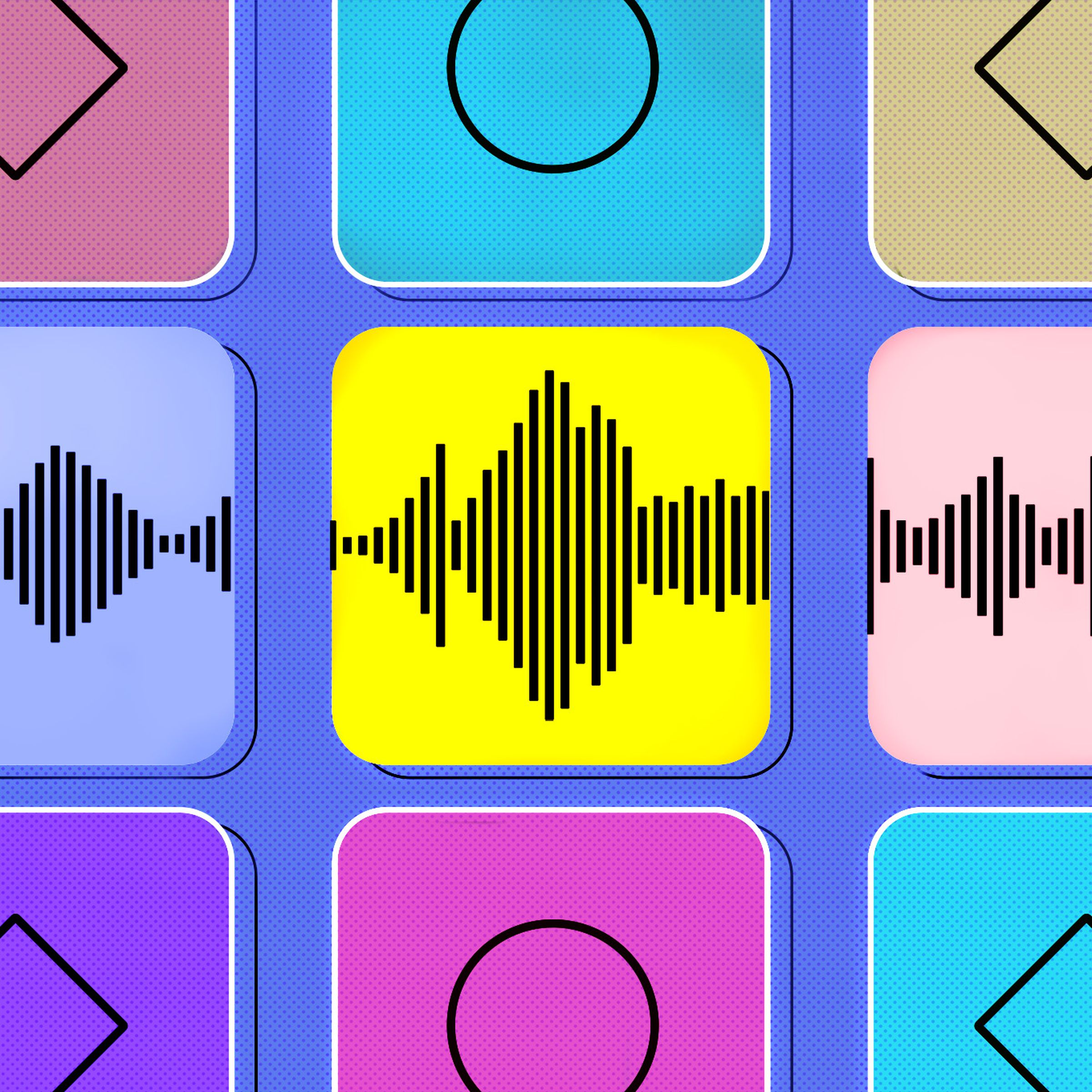 Nine colorful squares on a pale blue background. The middle row of squares have audio waveforms in them.