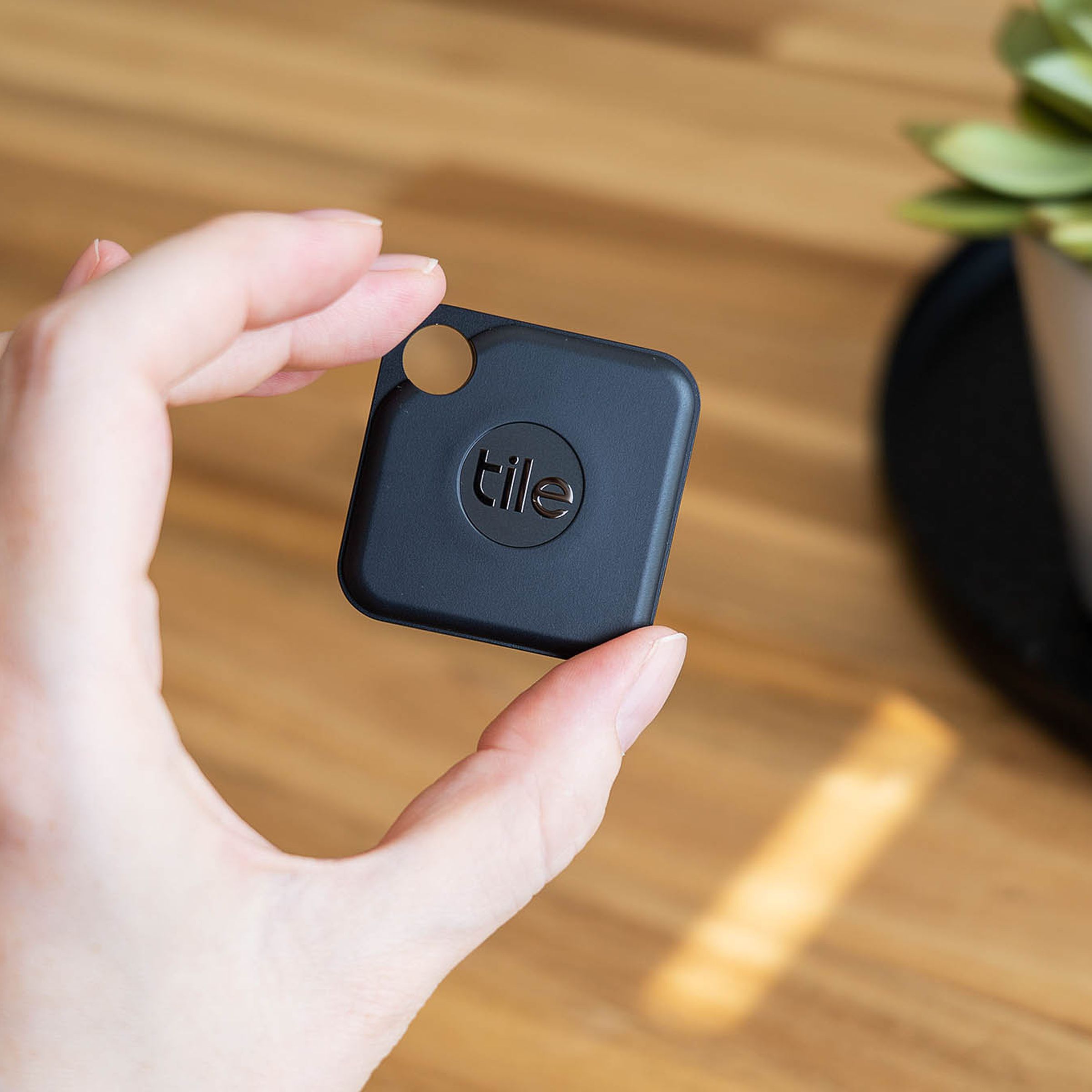 Hand holding a black square tile tracker above a brown wooden table with a succulent plant on it.