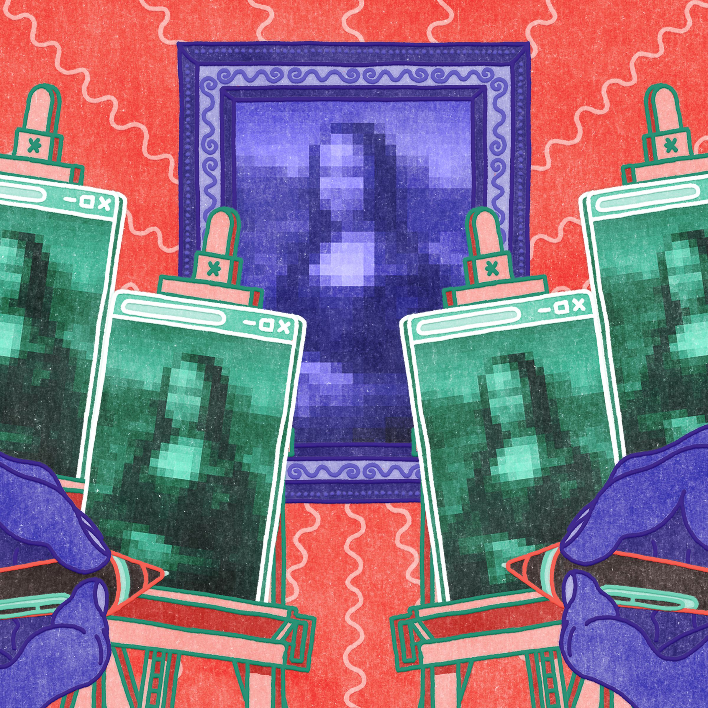 A stylized illustration of artists all copying the same pixelated Mona Lisa.