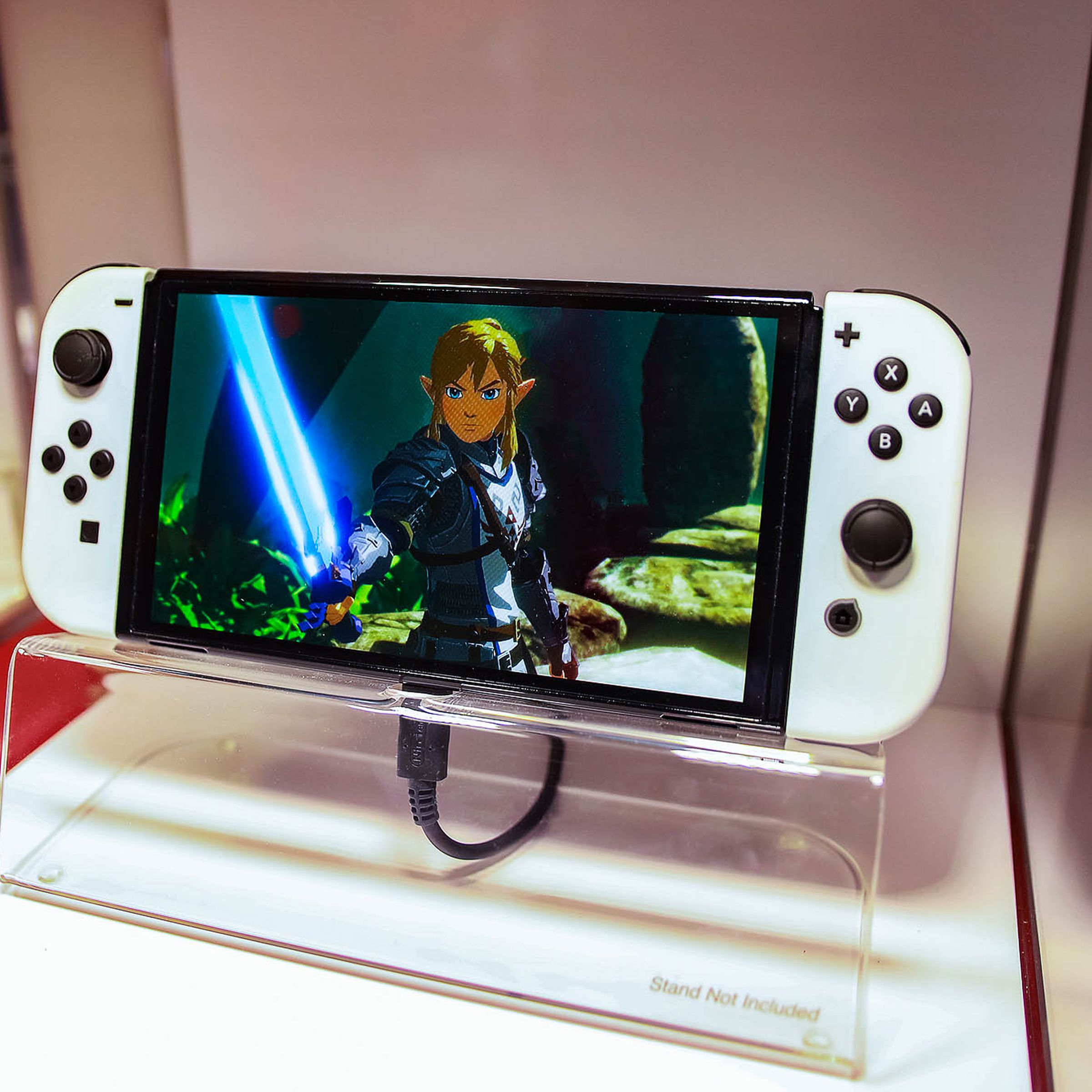 A photo of a Nintendo Switch OLED.